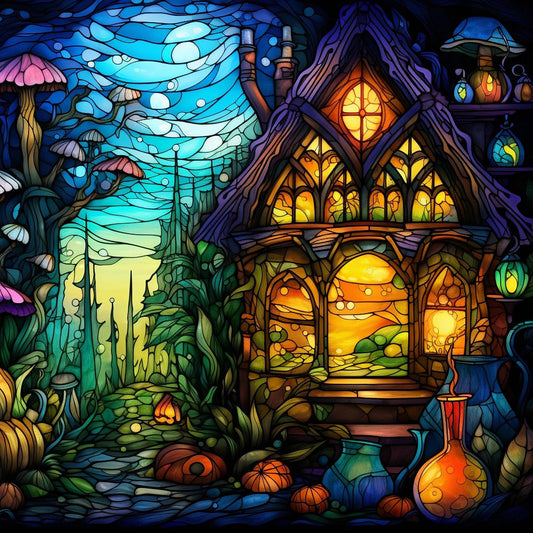 Märchenhaus im Buntglas Stil als Diamond Painting Set