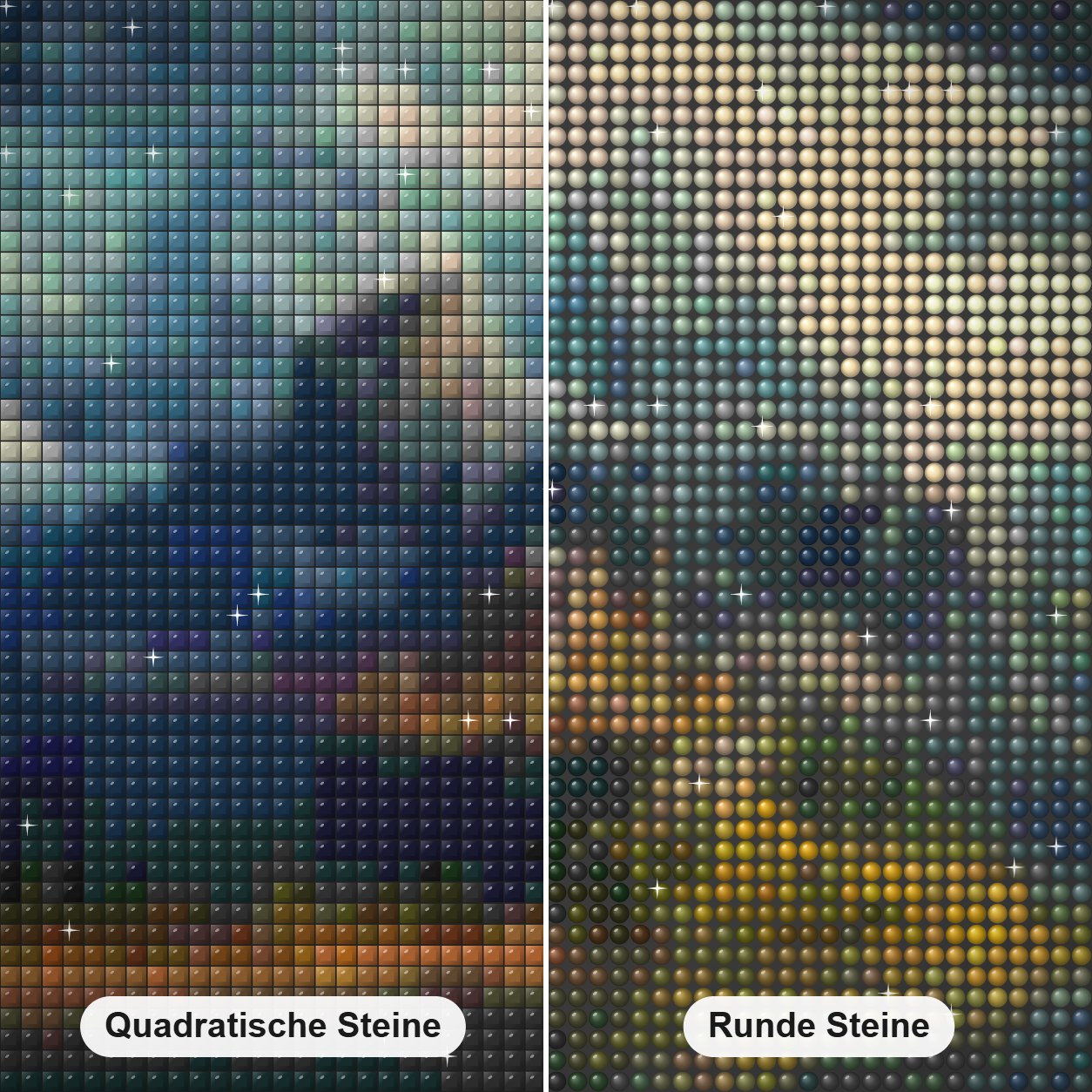 Ein Schloss am See Diamond Painting Nahaufnahme mit quadratischen und runden Steinen