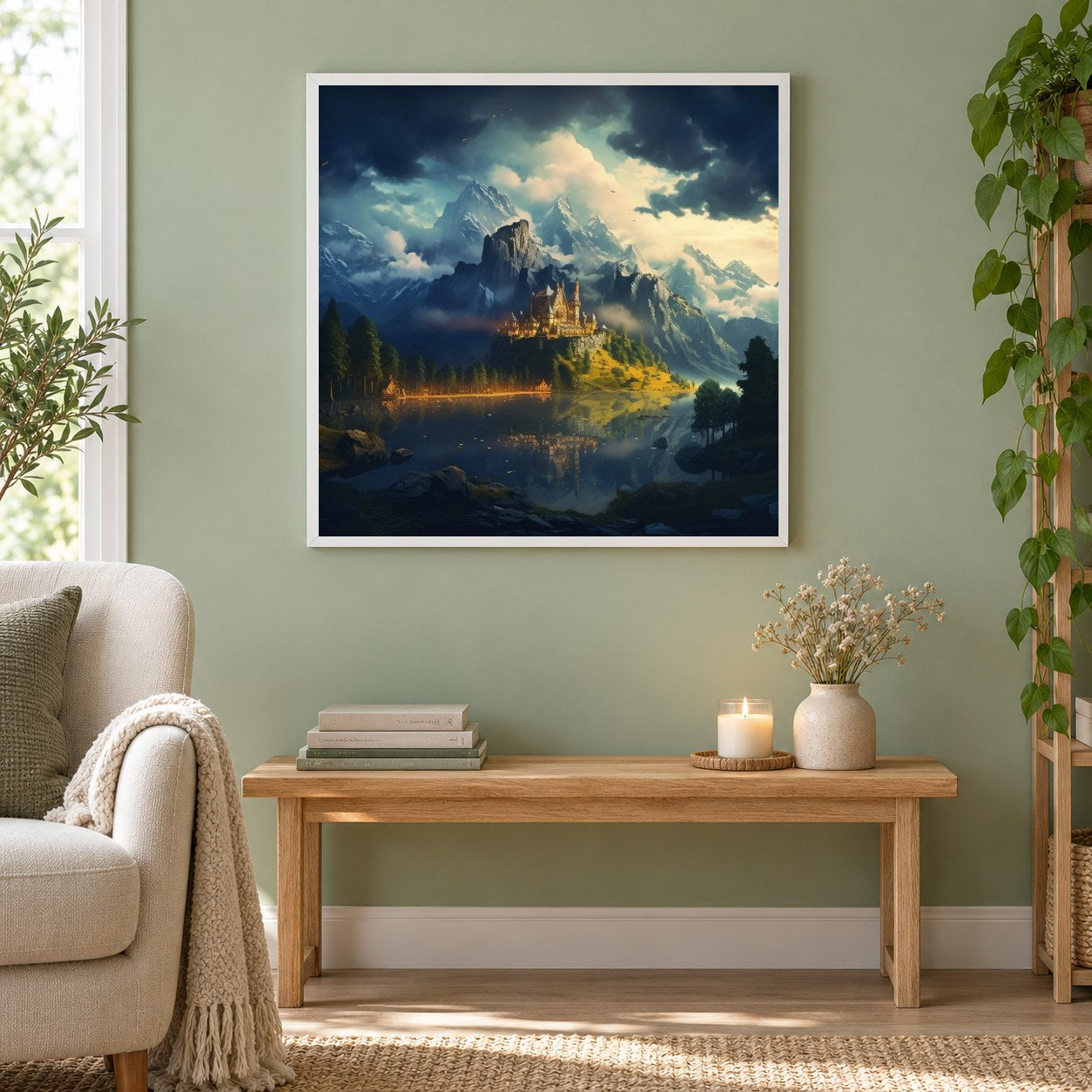 Ein Schloss am See als gerahmtes Diamond Painting im Wohnzimmer