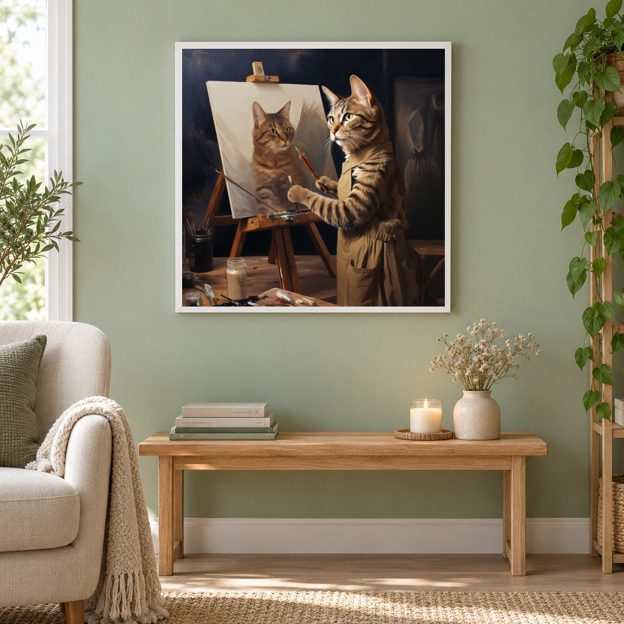 Eine Katze, die sich selbst malt – Gemälde von Diamond als gerahmtes Diamond Painting im Wohnzimmer