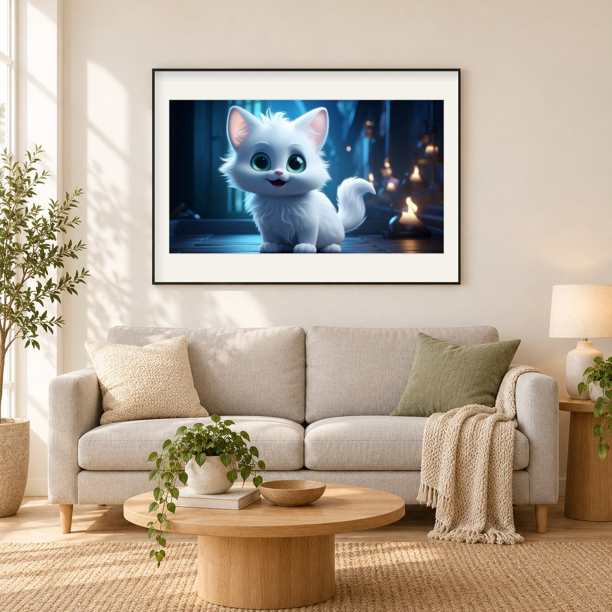 Das Porträt einer bezaubernden Katze als gerahmtes Diamond Painting im Wohnzimmer