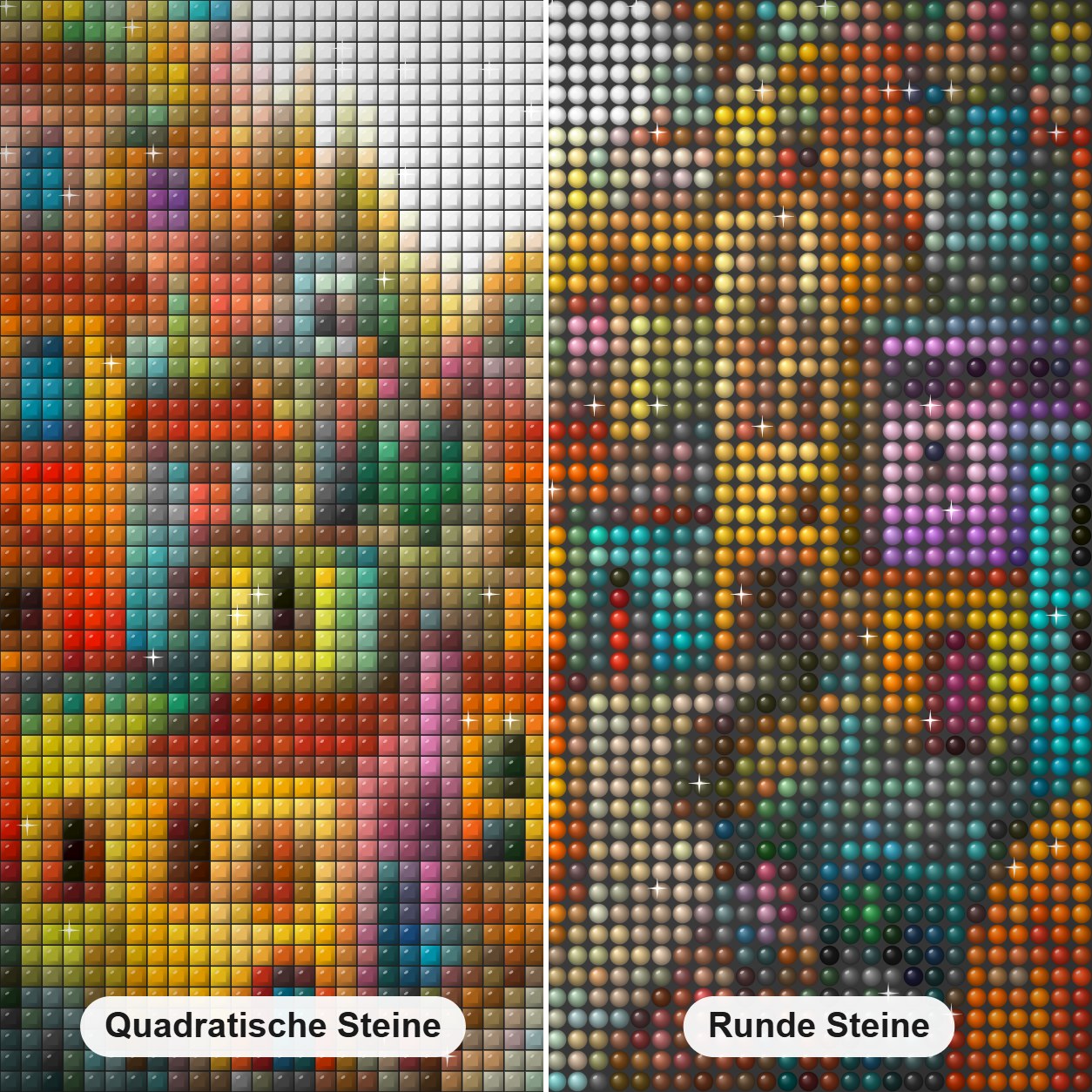 Ein farbenfrohes Reiseziel Diamond Painting Nahaufnahme mit quadratischen und runden Steinen
