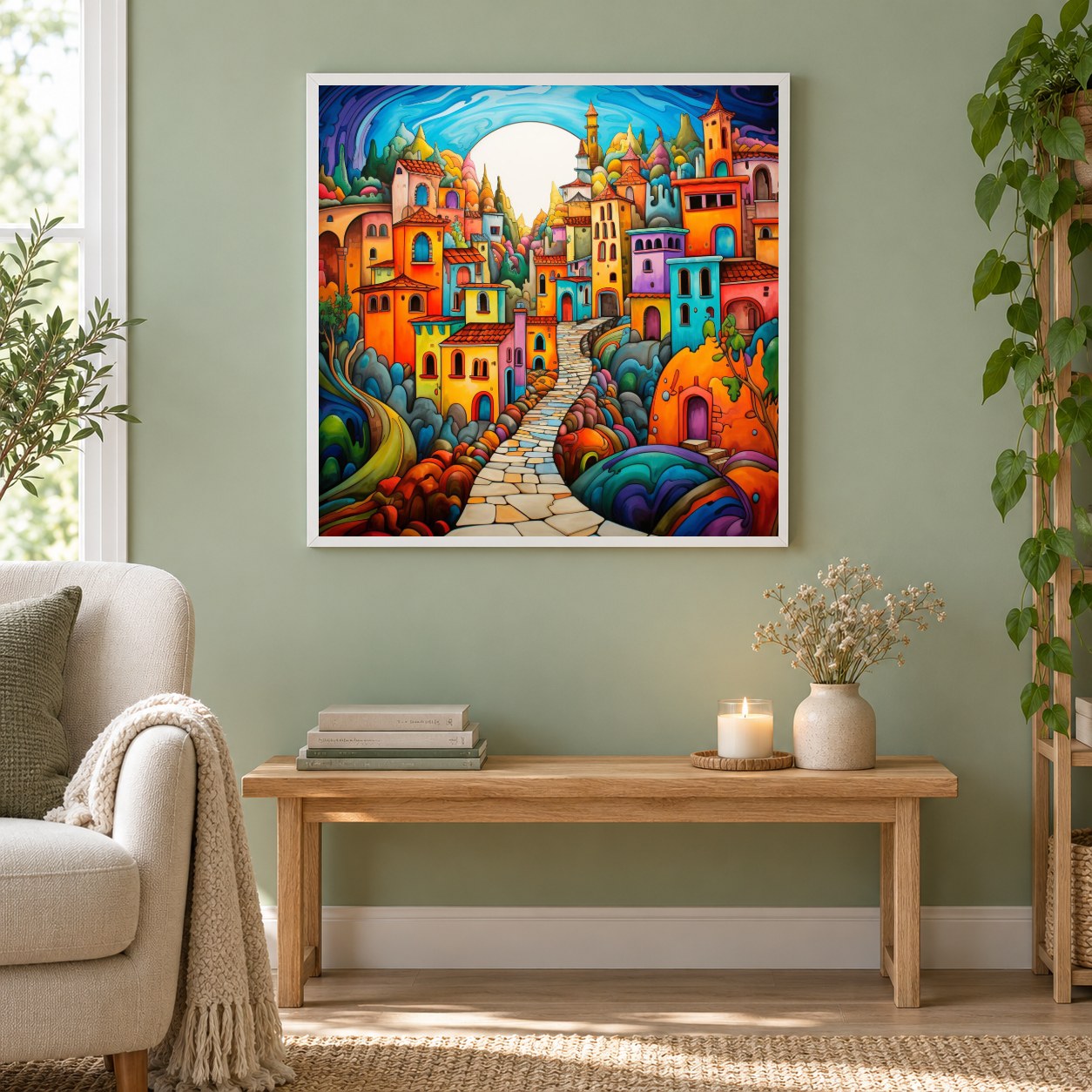 Ein farbenfrohes Reiseziel als gerahmtes Diamond Painting im Wohnzimmer