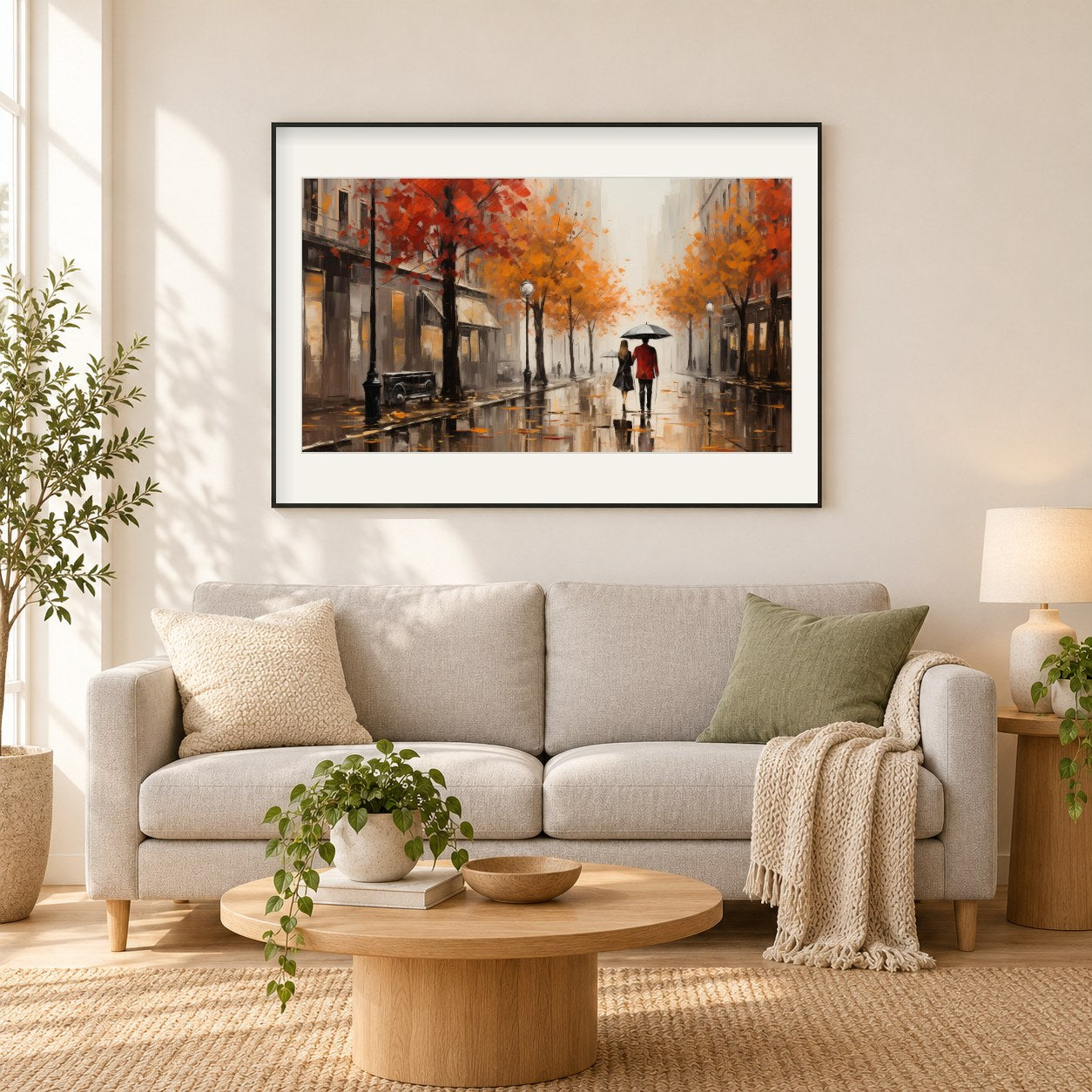 Ein Paar geht auf einer Straße als gerahmtes Diamond Painting im Wohnzimmer