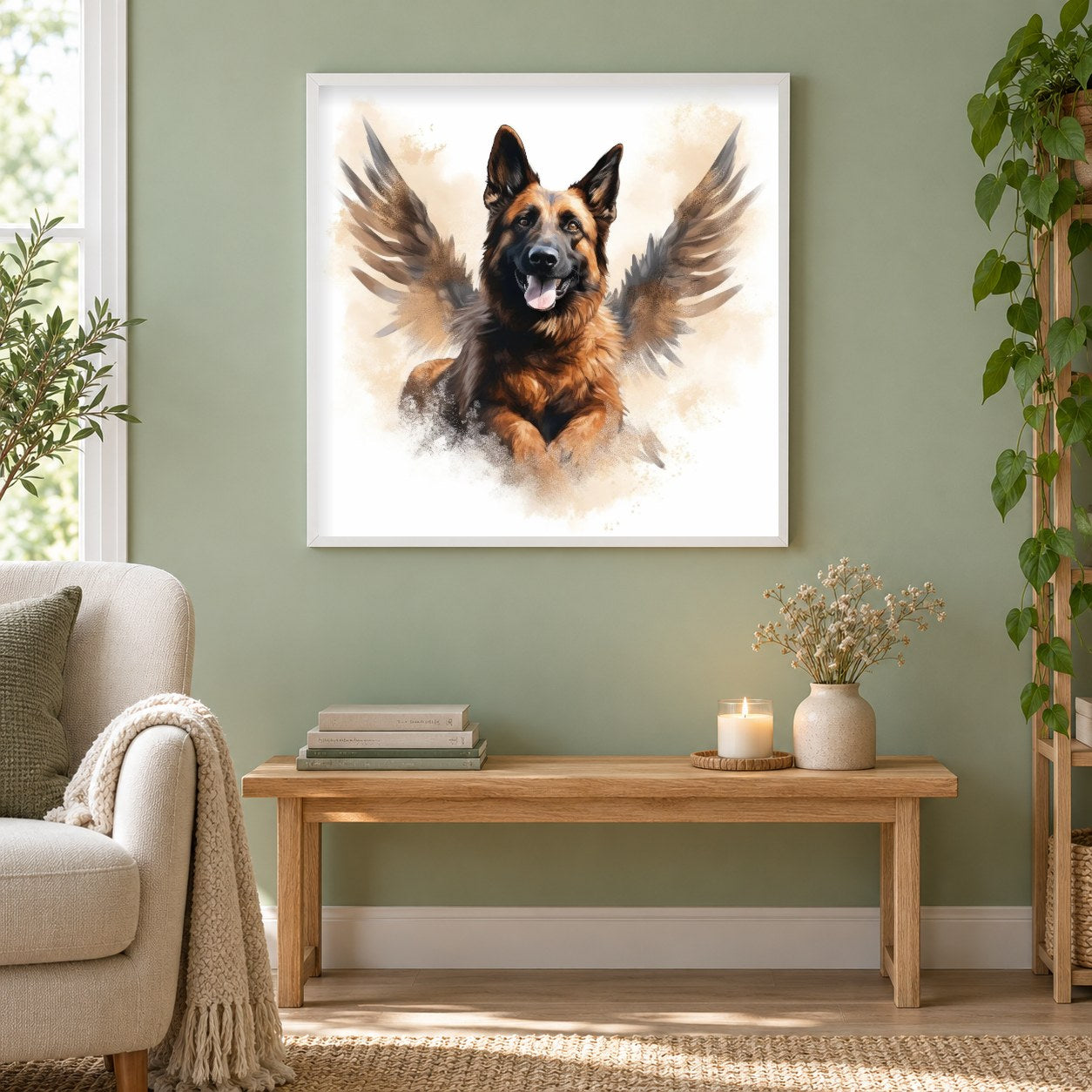 Ein Hund mit Flügeln als gerahmtes Diamond Painting im Wohnzimmer