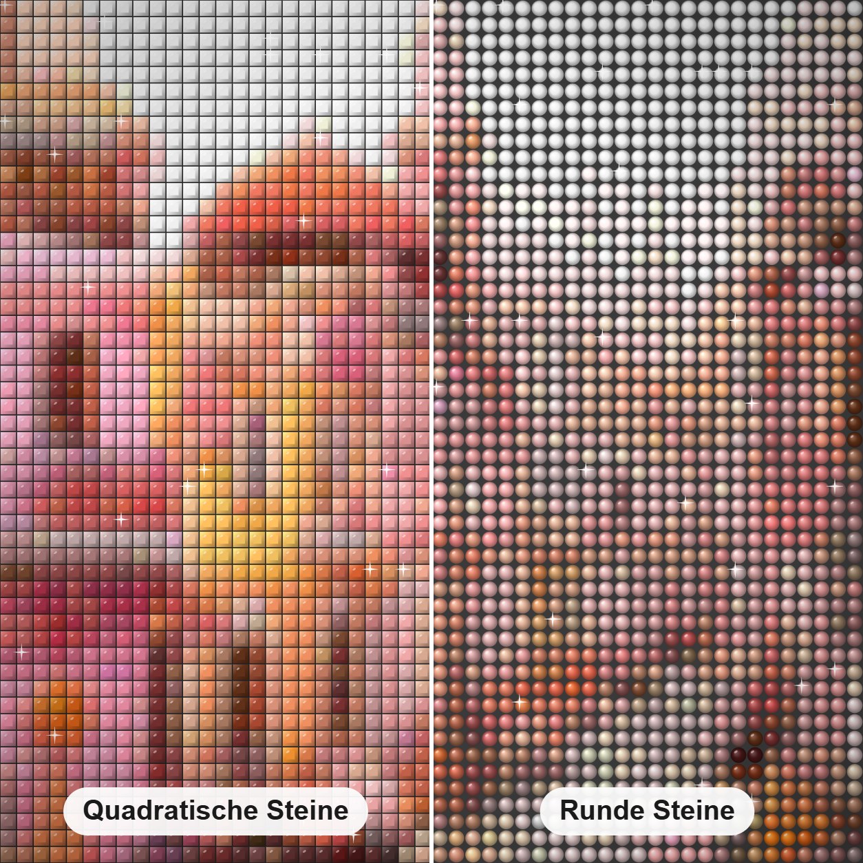 Eine Traumlandstraße Diamond Painting Nahaufnahme mit quadratischen und runden Steinen