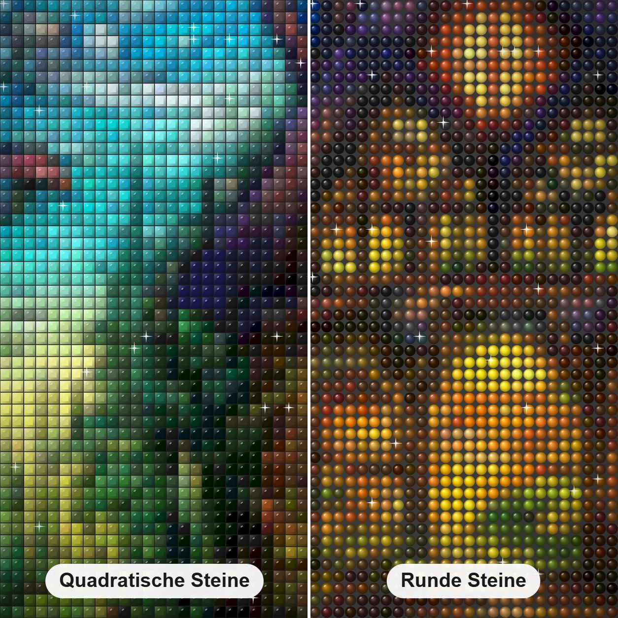 Märchenhaus im Buntglas Stil Diamond Painting Nahaufnahme mit quadratischen und runden Steinen