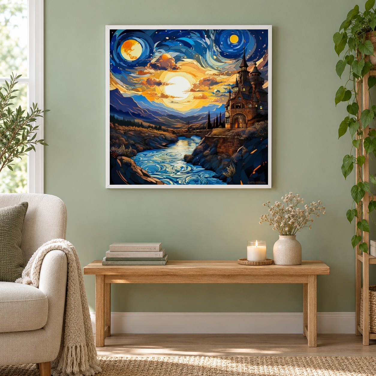 Ein weit entferntes Schloss zum Besuchen als gerahmtes Diamond Painting im Wohnzimmer