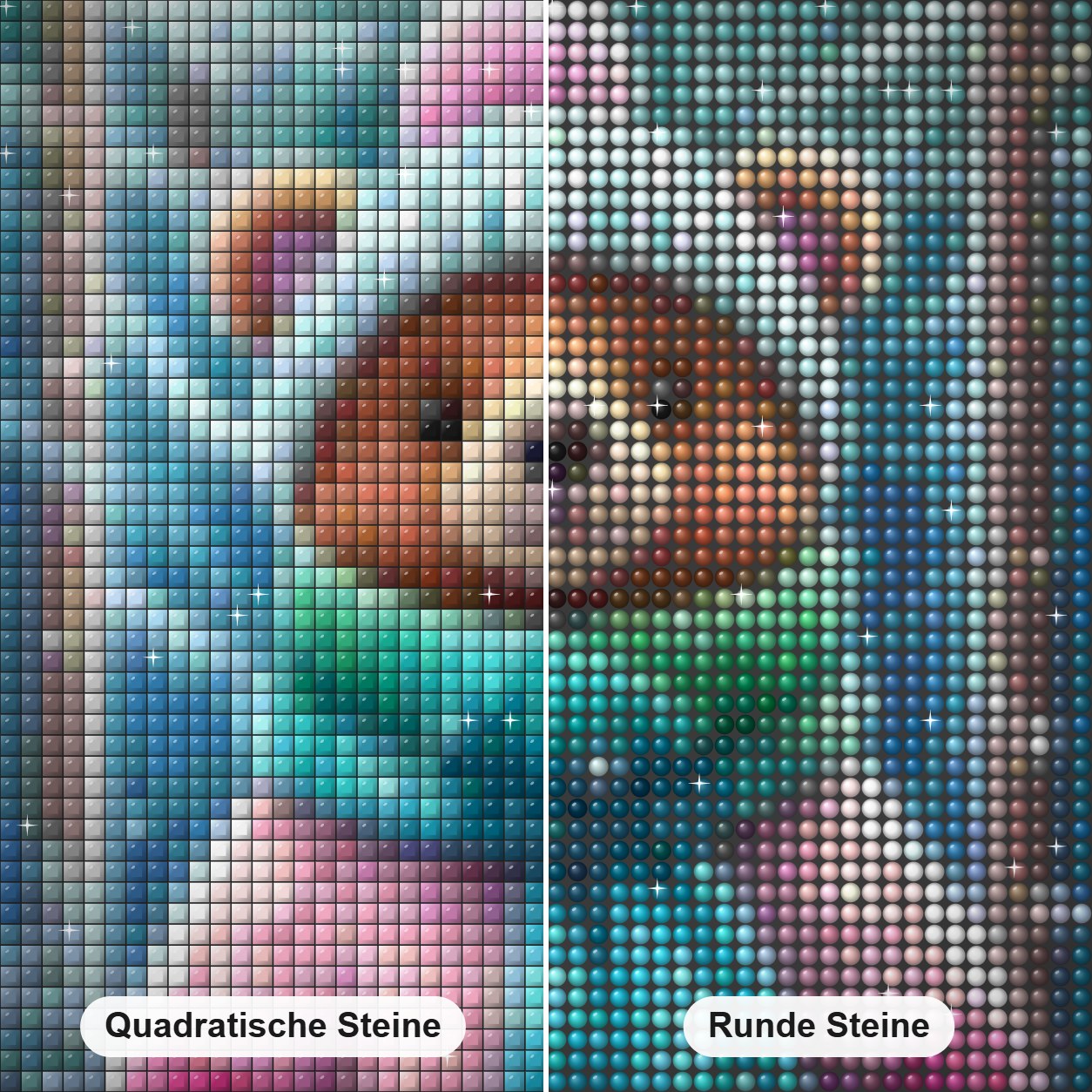 Ein flauschiger Freund im Schnee Diamond Painting Nahaufnahme mit quadratischen und runden Steinen