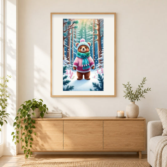 Ein flauschiger Freund im Schnee als gerahmtes Diamond Painting im Wohnzimmer