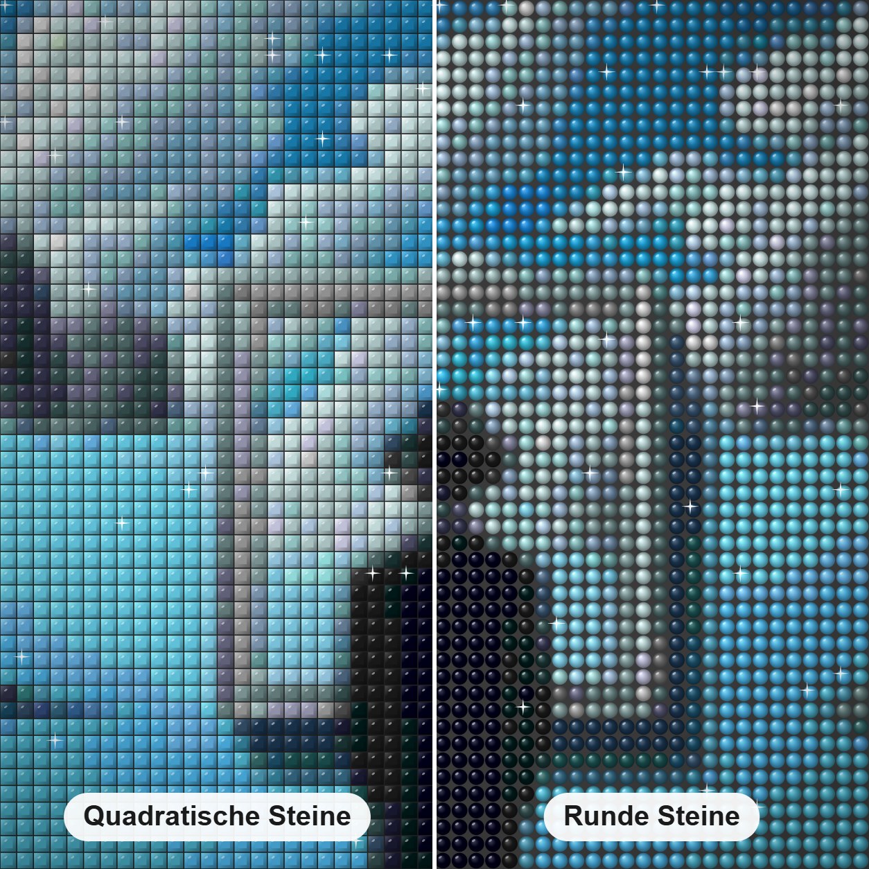 Eine Verschmelzung von Realität und Fantasie Diamond Painting Nahaufnahme mit quadratischen und runden Steinen