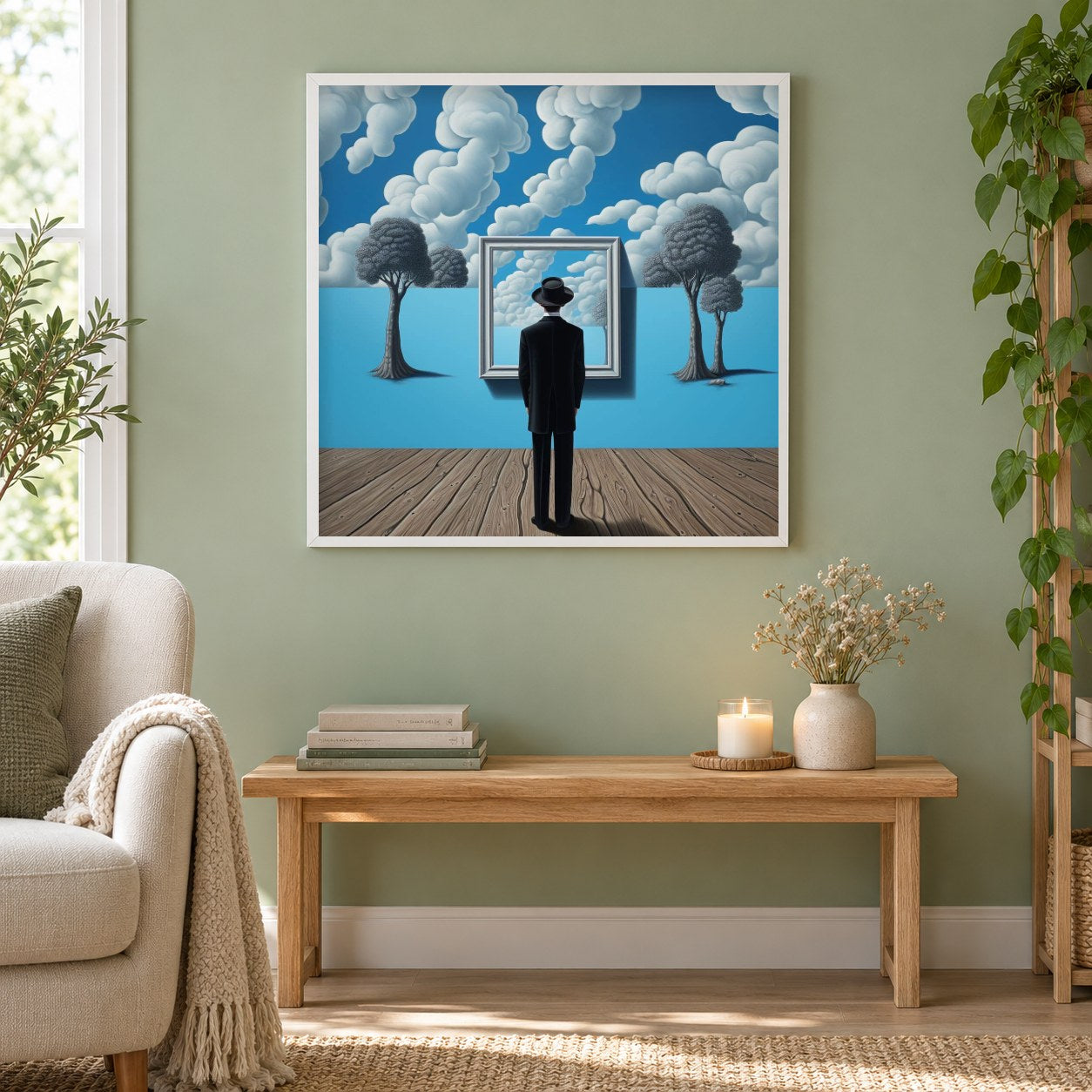 Eine Verschmelzung von Realität und Fantasie als gerahmtes Diamond Painting im Wohnzimmer