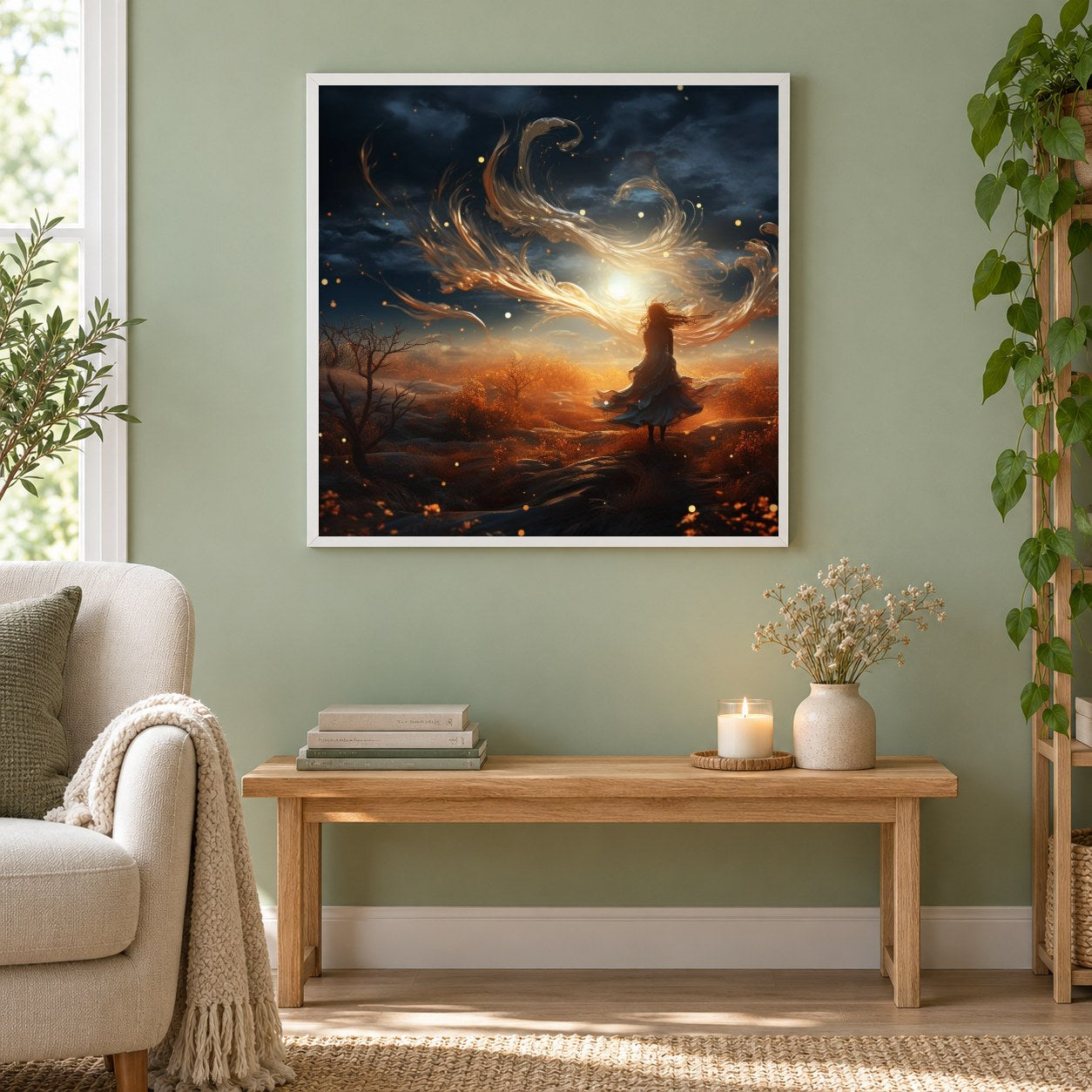 Ein Mädchen geht zum Sonnenuntergang als gerahmtes Diamond Painting im Wohnzimmer