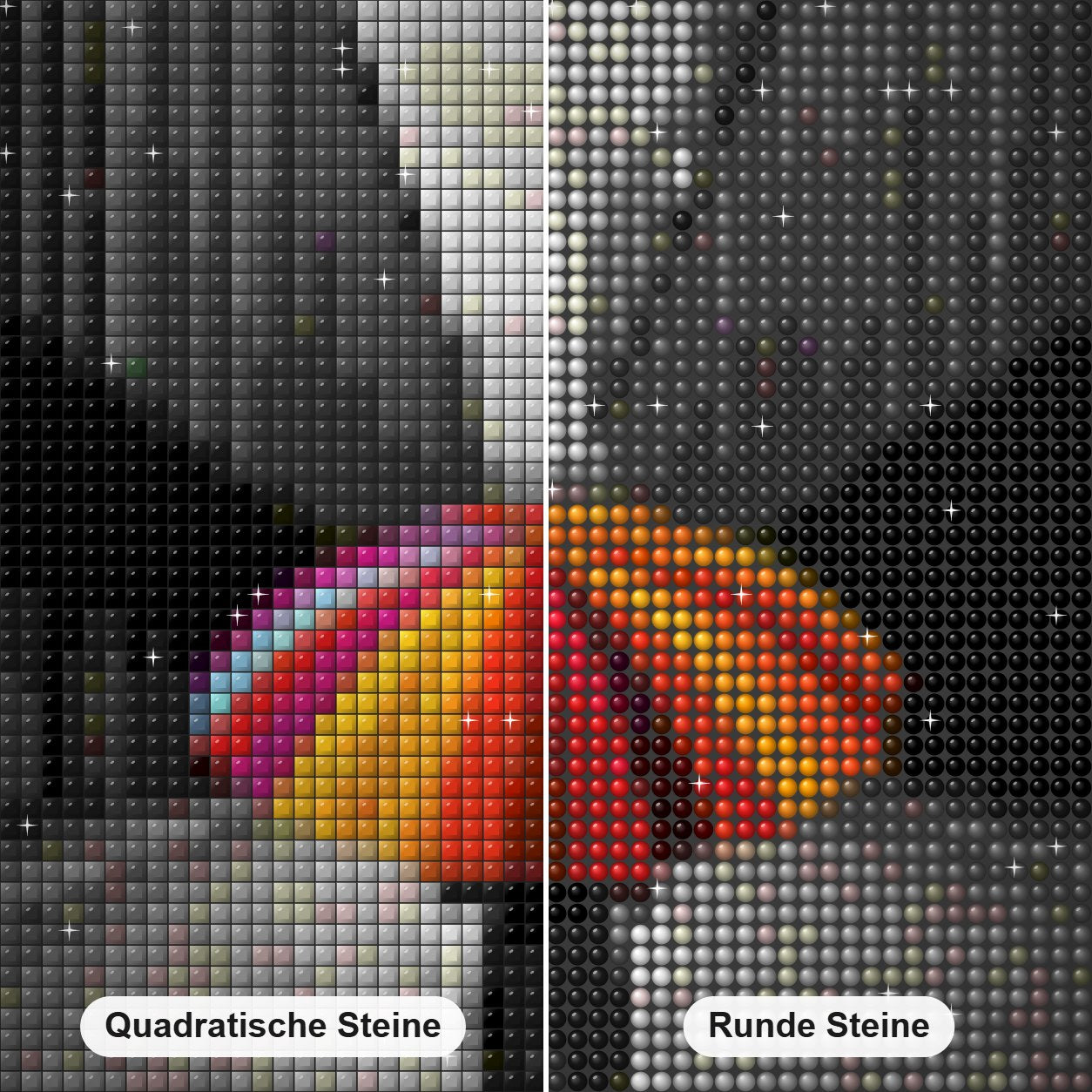 Ein Mädchen mit buntem Regenschirm, das auf einer Straße läuft Diamond Painting Nahaufnahme mit quadratischen und runden Steinen