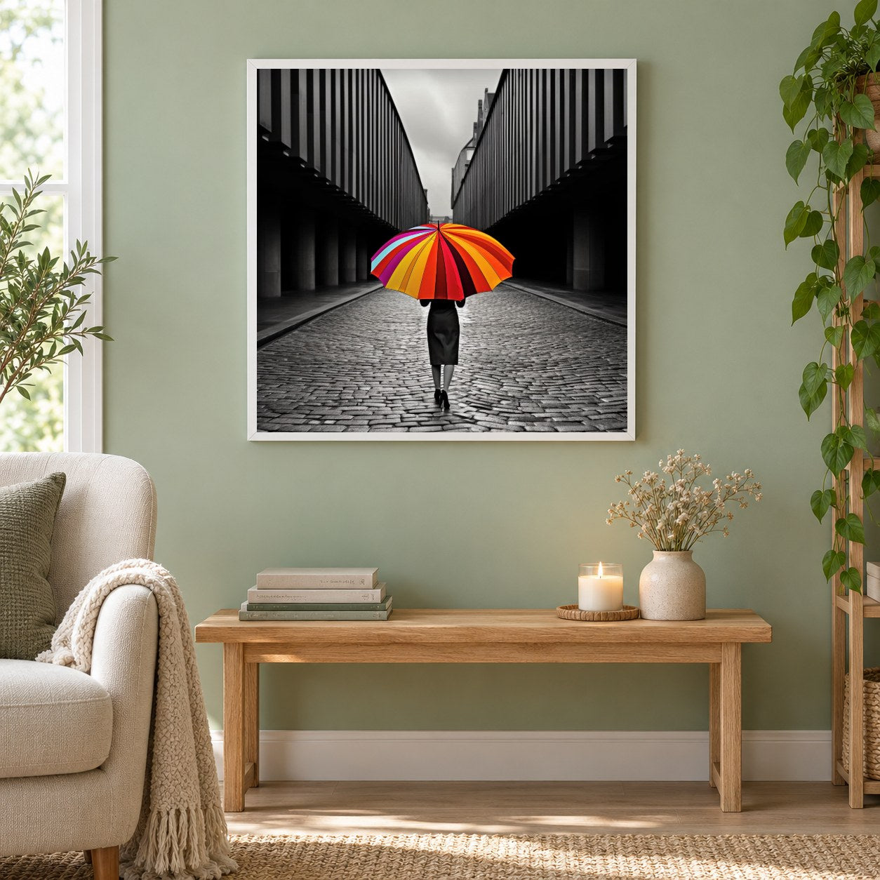 Ein Mädchen mit buntem Regenschirm, das auf einer Straße läuft als gerahmtes Diamond Painting im Wohnzimmer