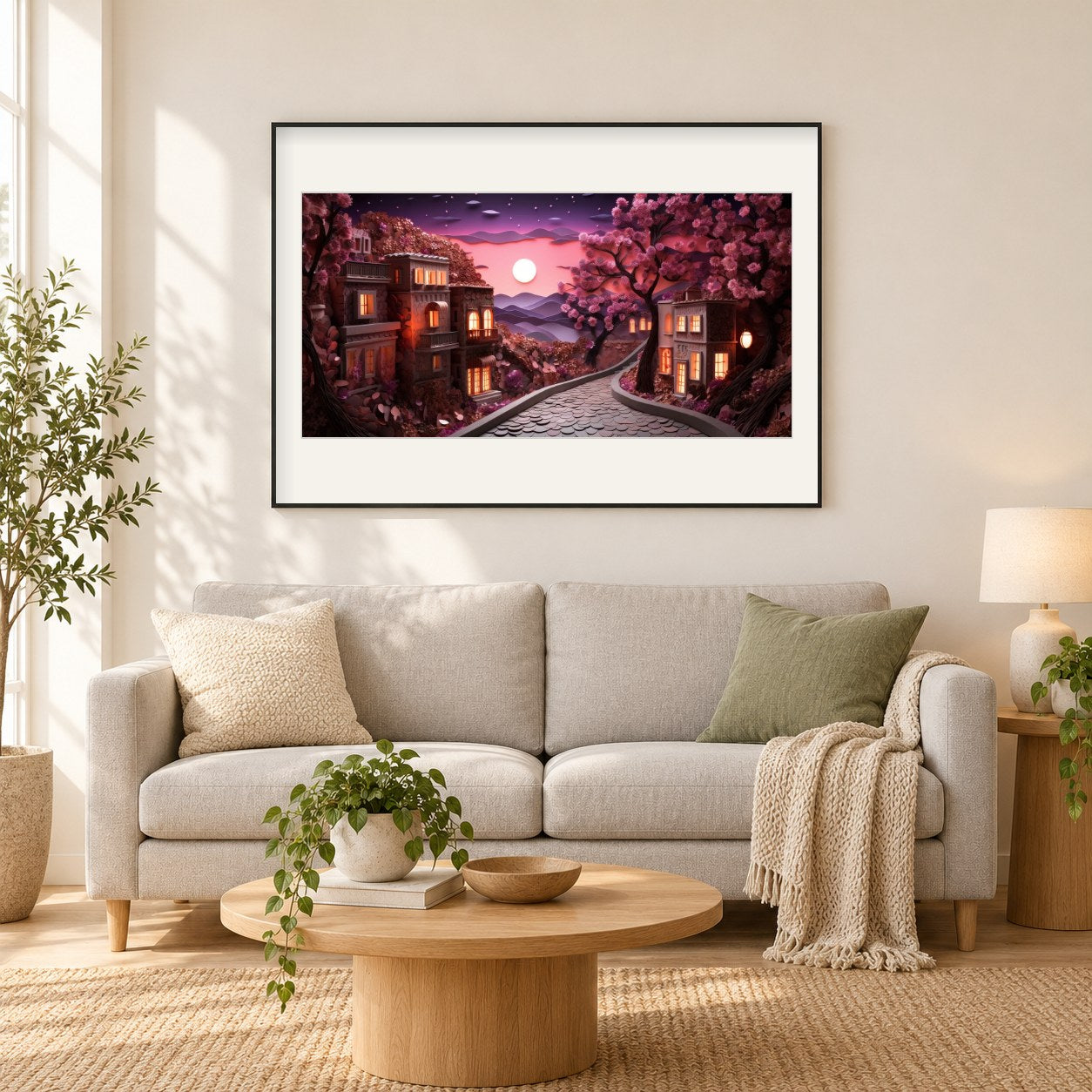 Eine lebendige Aussicht auf den Sonnenuntergang als gerahmtes Diamond Painting im Wohnzimmer
