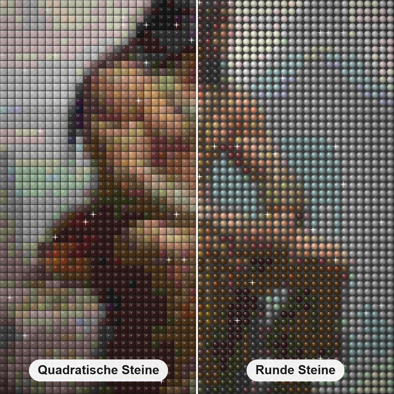 Ein Mann aus der Steinzeit Diamond Painting Nahaufnahme mit quadratischen und runden Steinen