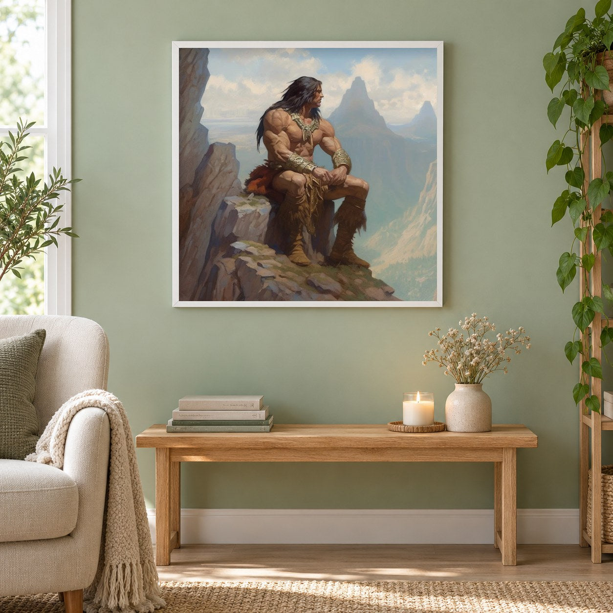 Ein Mann aus der Steinzeit als gerahmtes Diamond Painting im Wohnzimmer