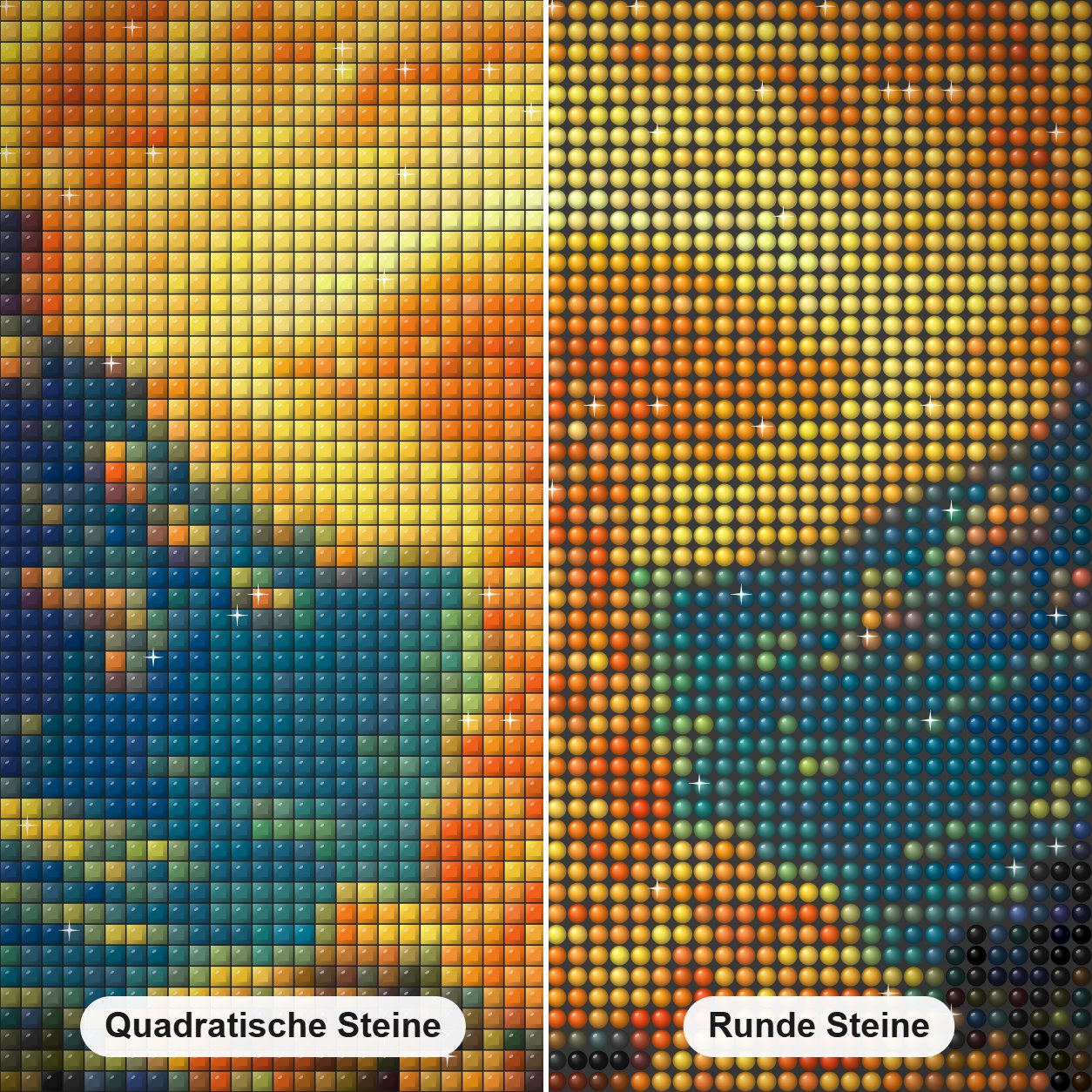 Eine gewaltige Explosion Diamond Painting Nahaufnahme mit quadratischen und runden Steinen
