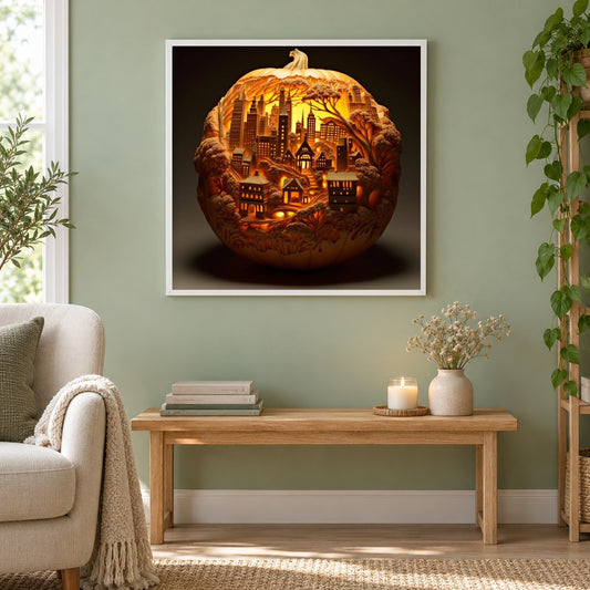 Ein Miniaturdorf in einem Kürbis als gerahmtes Diamond Painting im Wohnzimmer
