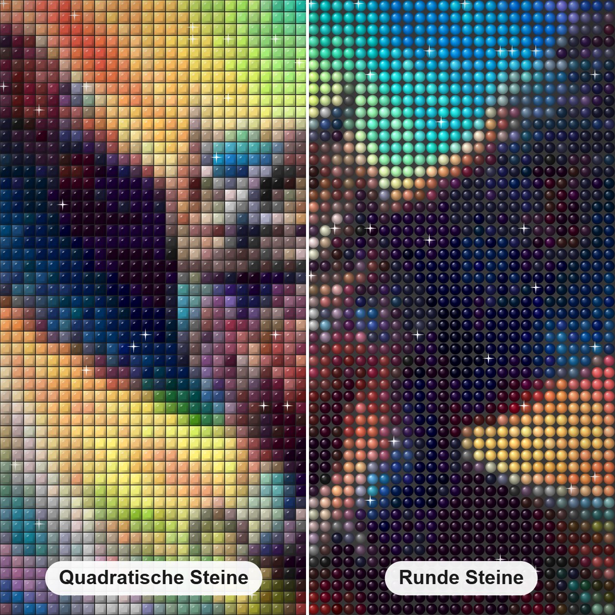 Eine Regenbogeneule in der Luft Diamond Painting Nahaufnahme mit quadratischen und runden Steinen