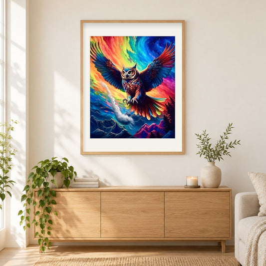 Eine Regenbogeneule in der Luft als gerahmtes Diamond Painting im Wohnzimmer