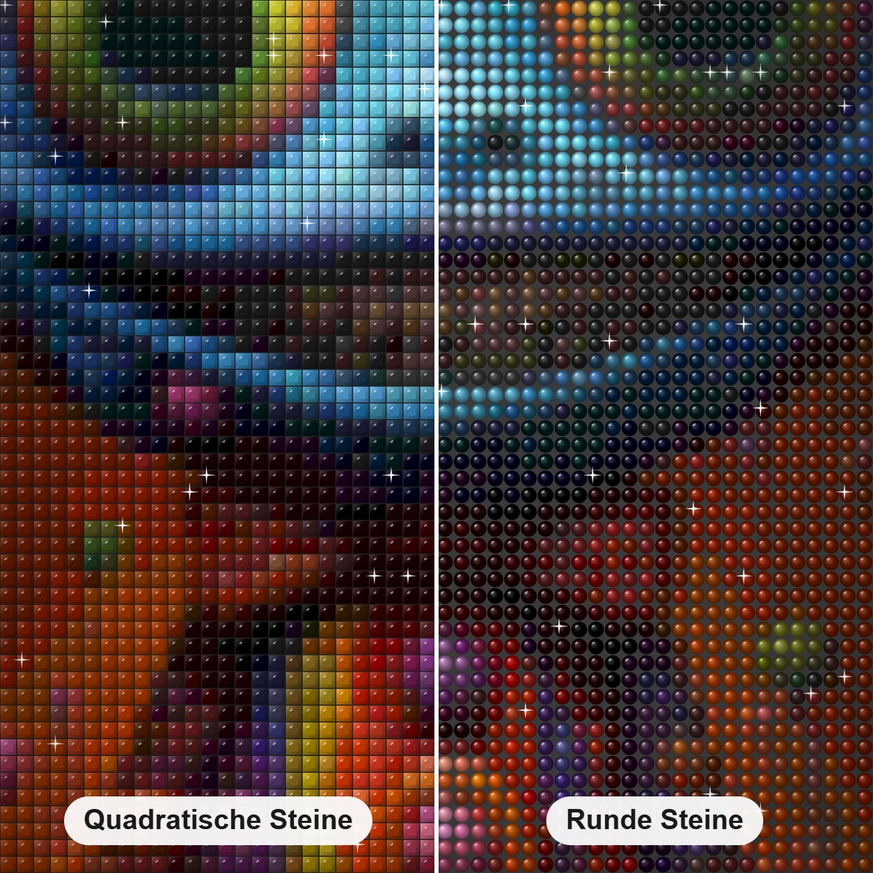 Ein lächelnder Besucher aus einer anderen Welt Diamond Painting Nahaufnahme mit quadratischen und runden Steinen