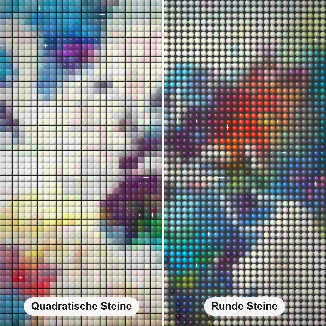 Abstrakte bunte Karten Diamond Painting Nahaufnahme mit quadratischen und runden Steinen