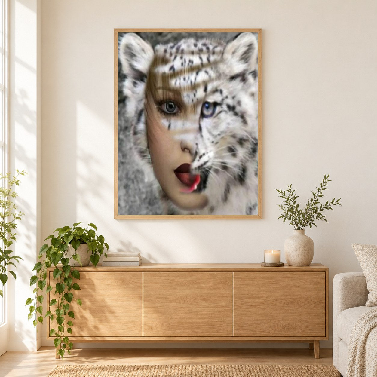 Abstraktes Mädchen Gesicht als gerahmtes Diamond Painting im Wohnzimmer