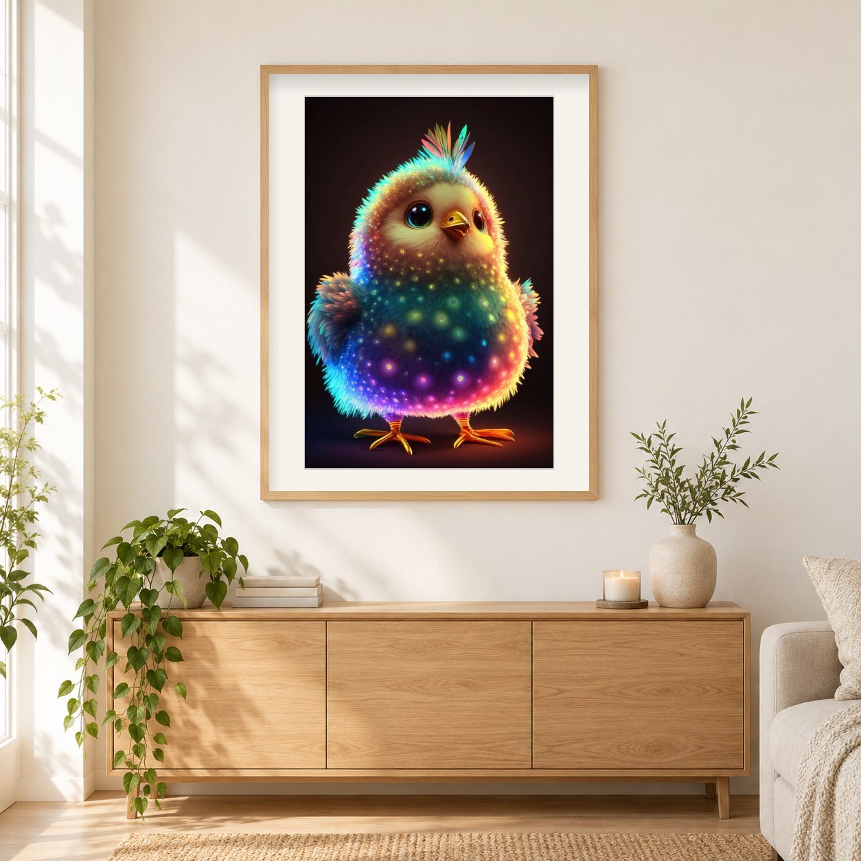 Entzückendes Küken, das im Dunkeln leuchtet als gerahmtes Diamond Painting im Wohnzimmer