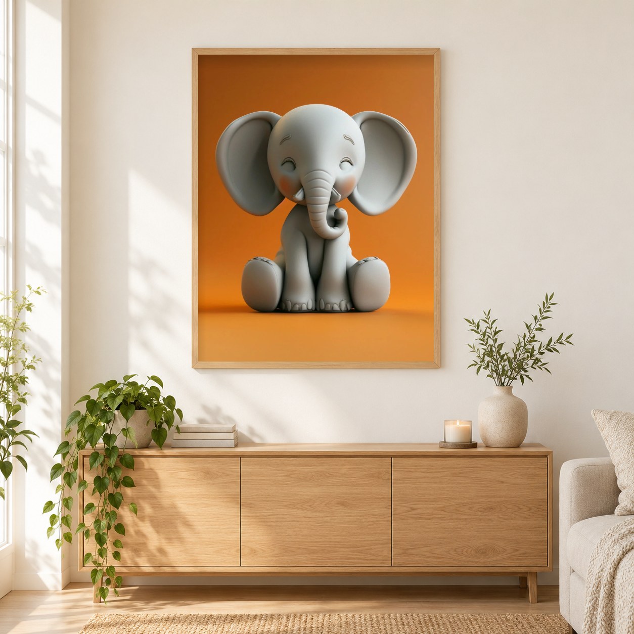 Entzückendes Elefantenbaby als gerahmtes Diamond Painting im Wohnzimmer