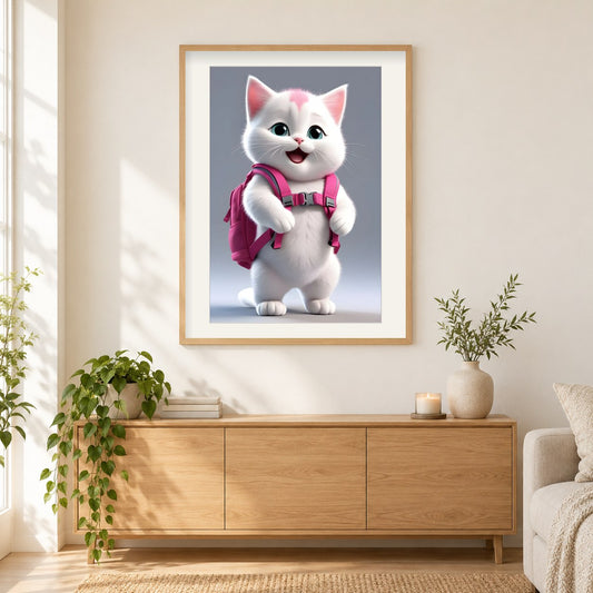 Entzückende süße kleine glückliche Katze als gerahmtes Diamond Painting im Wohnzimmer