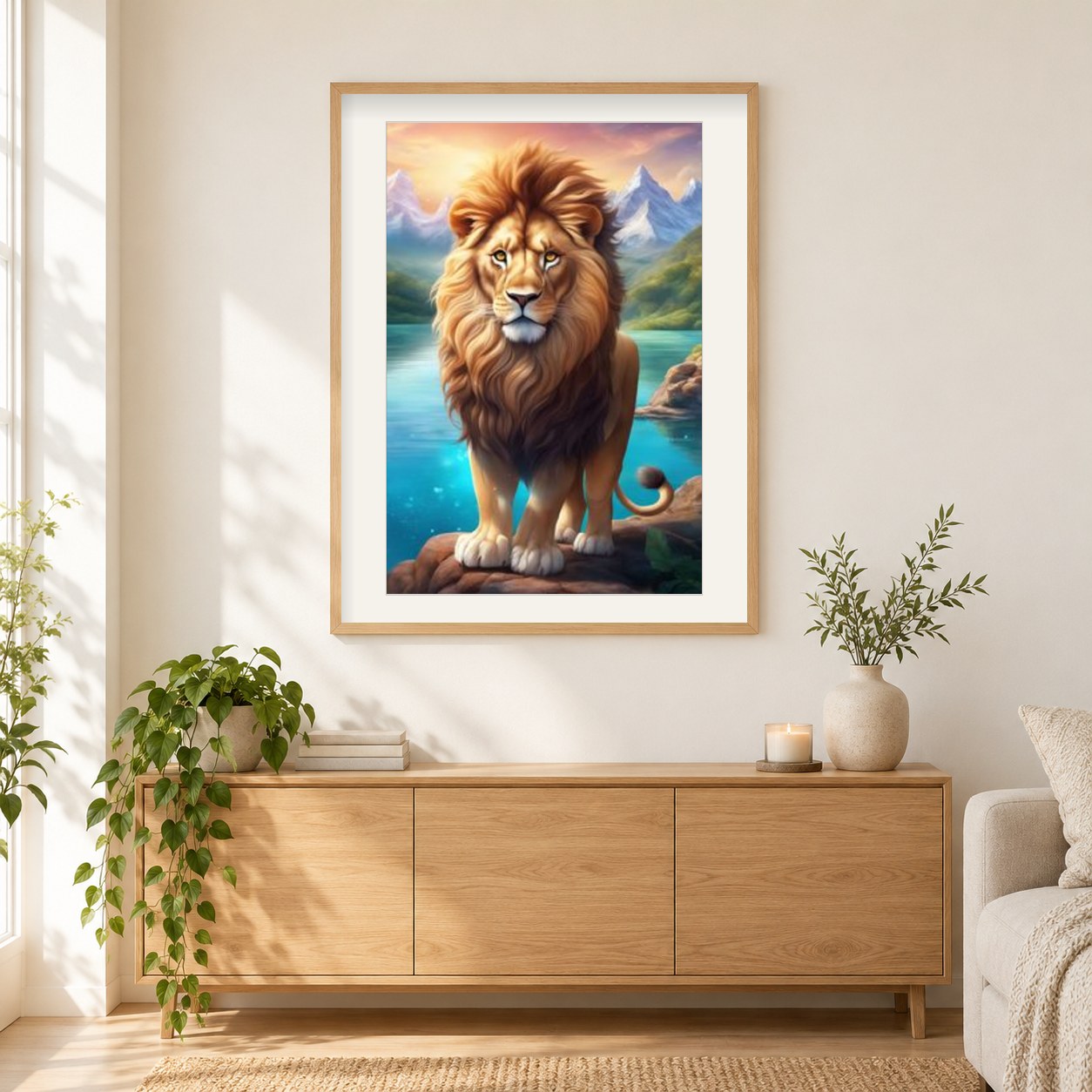 Entzückender Löwe als gerahmtes Diamond Painting im Wohnzimmer