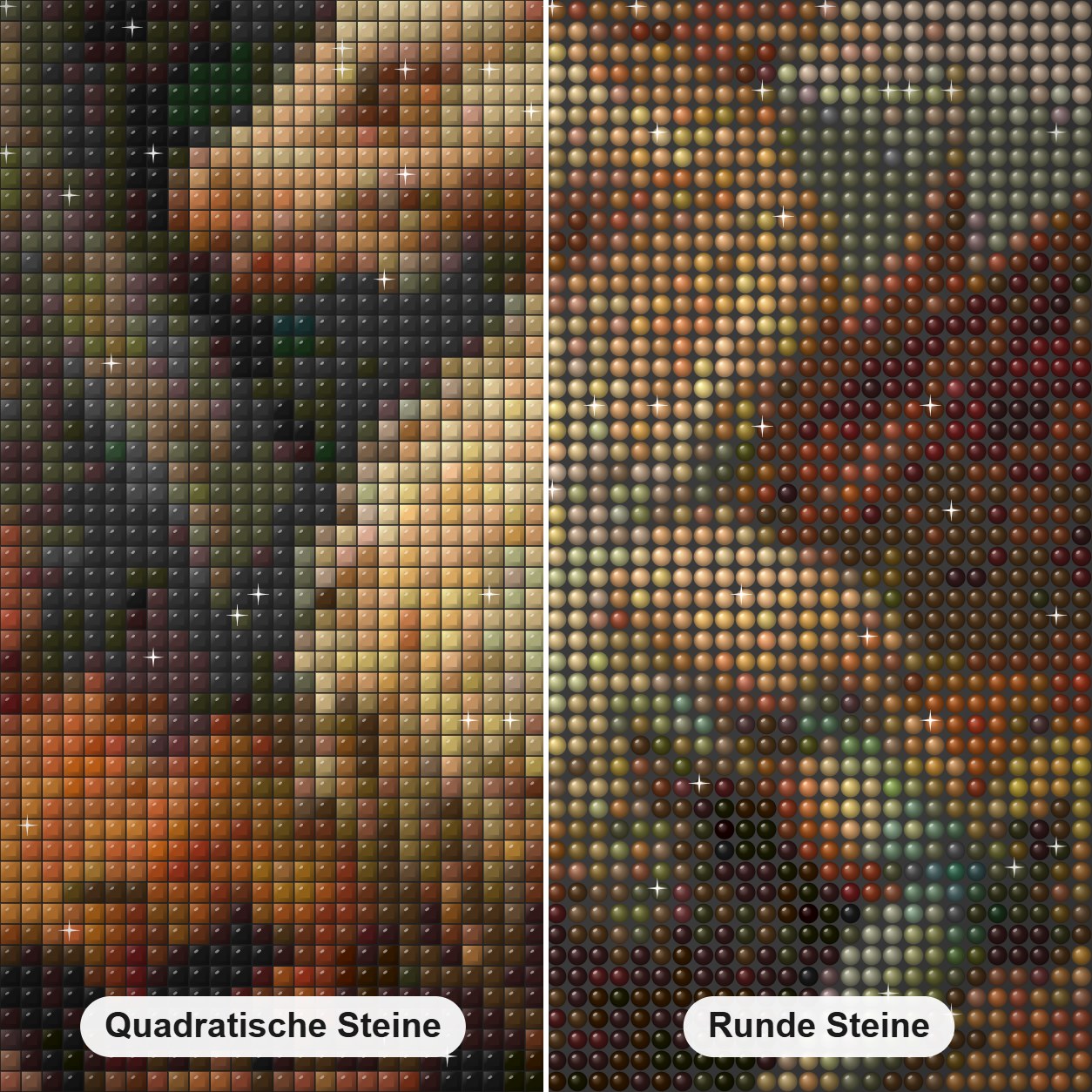 Abenteuer in mythischen Ländern Diamond Painting Nahaufnahme mit quadratischen und runden Steinen