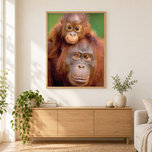 Affe mit kleinem Baby als gerahmtes Diamond Painting im Wohnzimmer