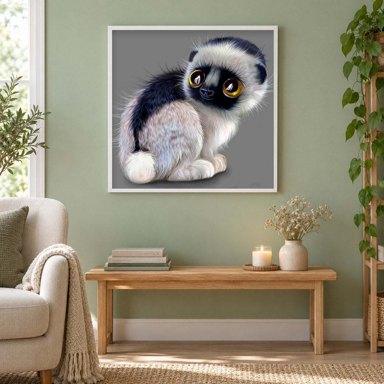 Affenkatze-Karikatur als gerahmtes Diamond Painting im Wohnzimmer