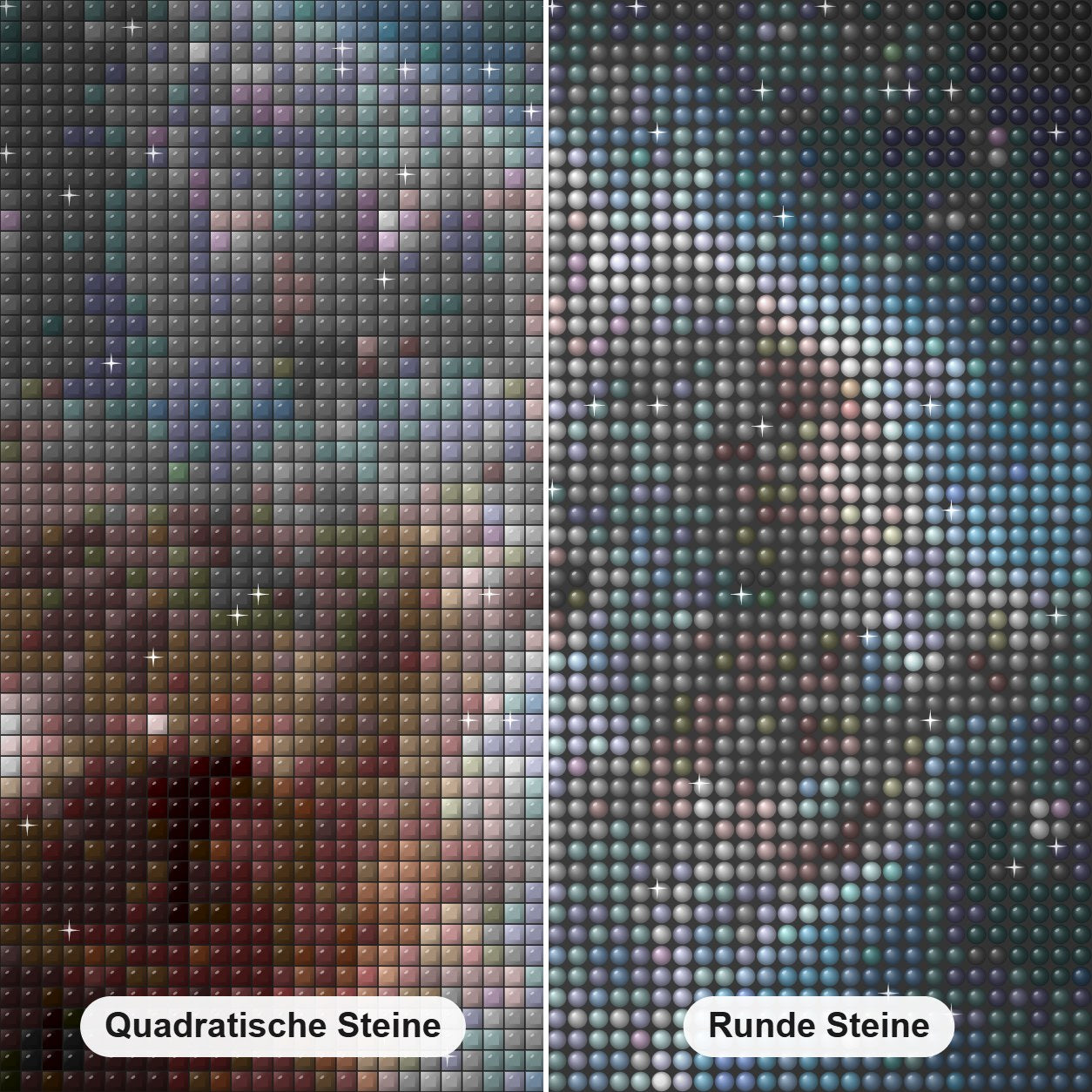 Affenkopfnebel Diamond Painting Nahaufnahme mit quadratischen und runden Steinen