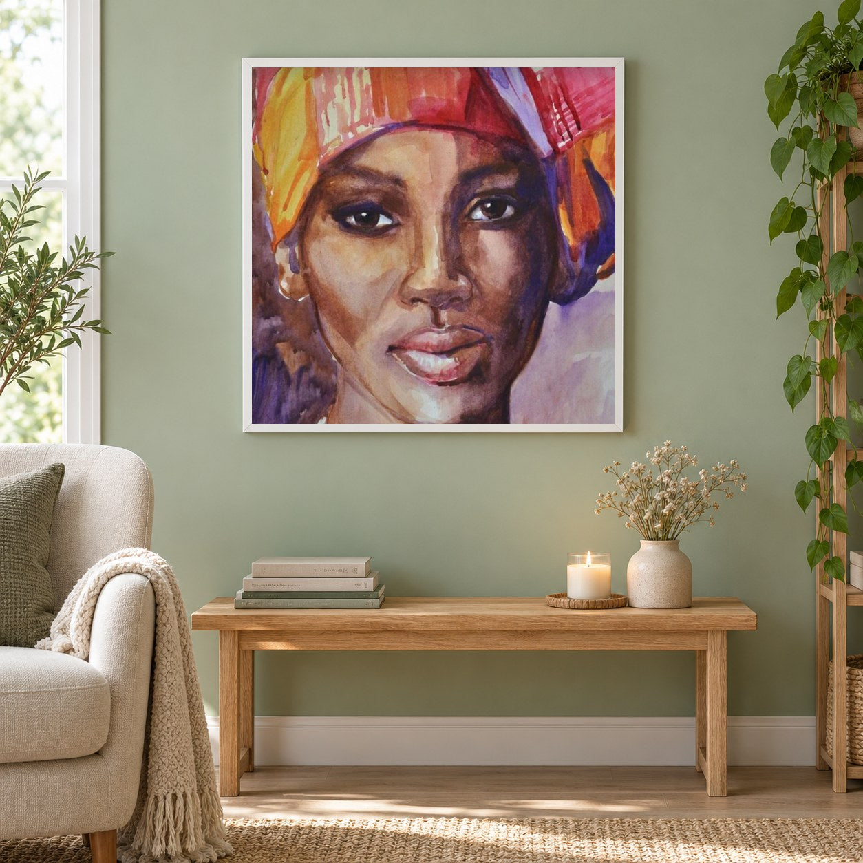 Afrikanische Dame als gerahmtes Diamond Painting im Wohnzimmer