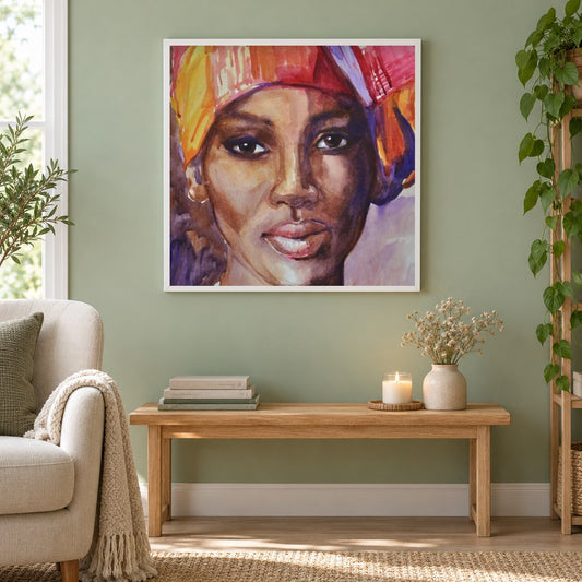 Afrikanische Dame als gerahmtes Diamond Painting im Wohnzimmer