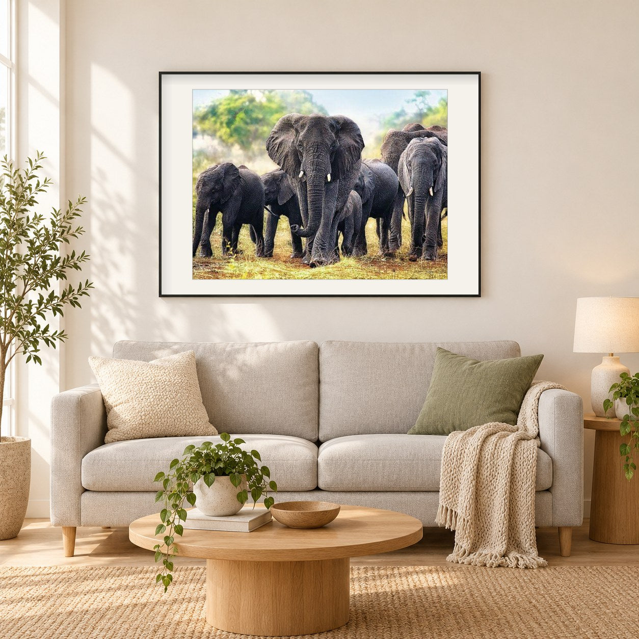 Afrikanische Elefanten als gerahmtes Diamond Painting im Wohnzimmer