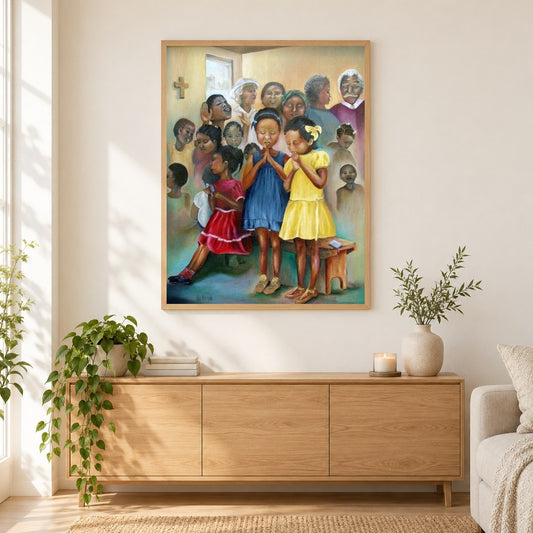 Afrikanische Kinder, die in der Kirche beten als gerahmtes Diamond Painting im Wohnzimmer