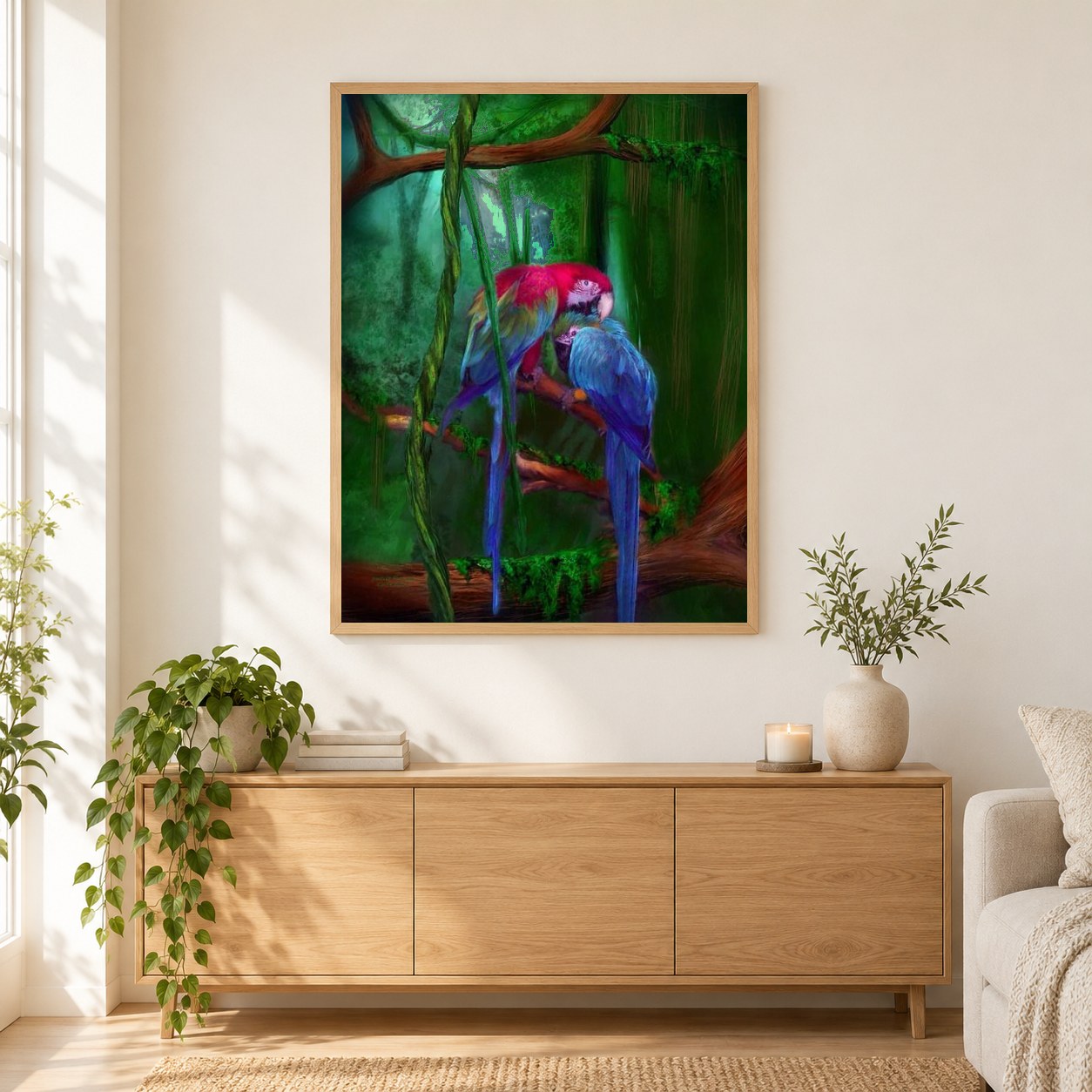 Afrikanische Papageien im dichten Wald als gerahmtes Diamond Painting im Wohnzimmer