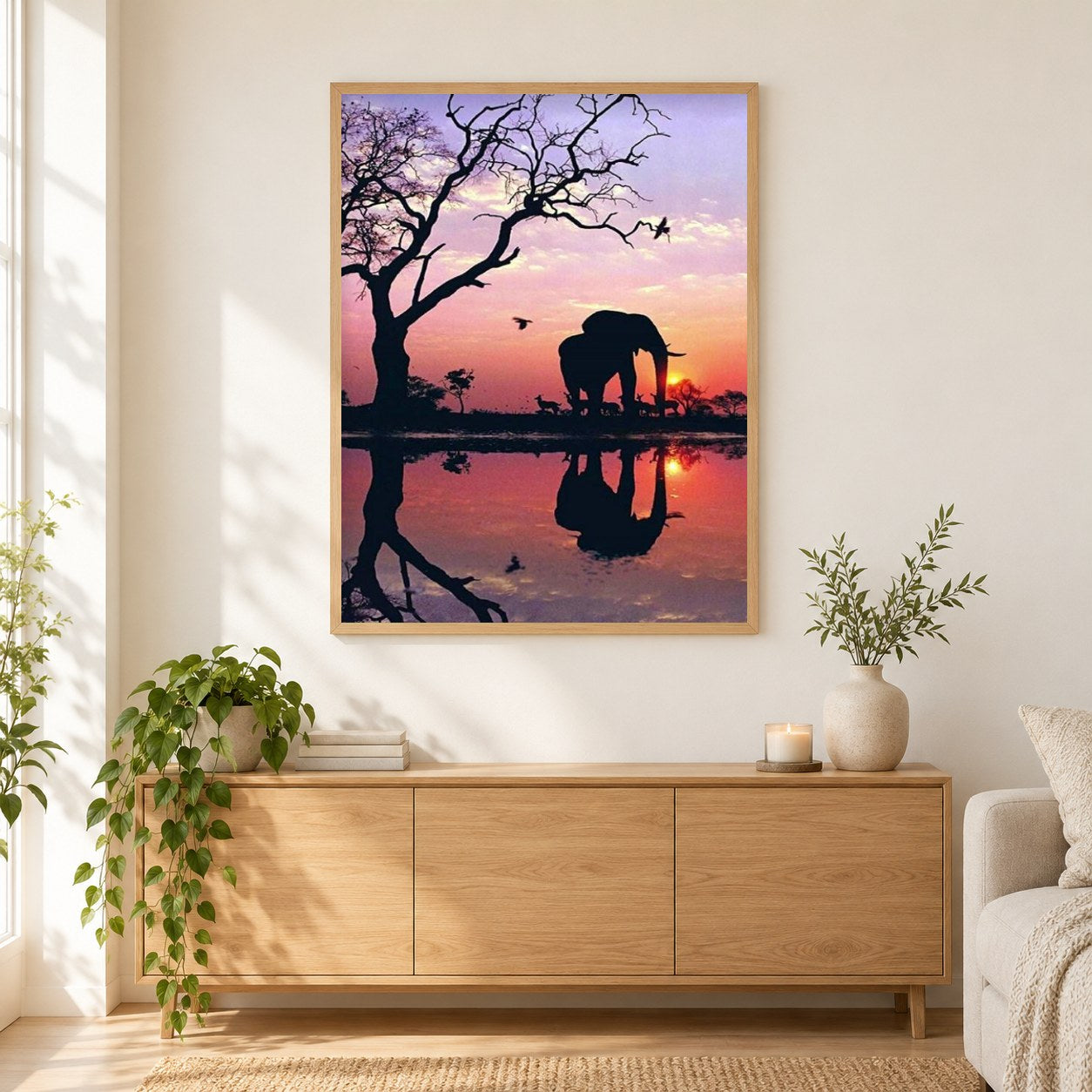 Afrikanischer Elefant & Sonnenuntergang Blick als gerahmtes Diamond Painting im Wohnzimmer
