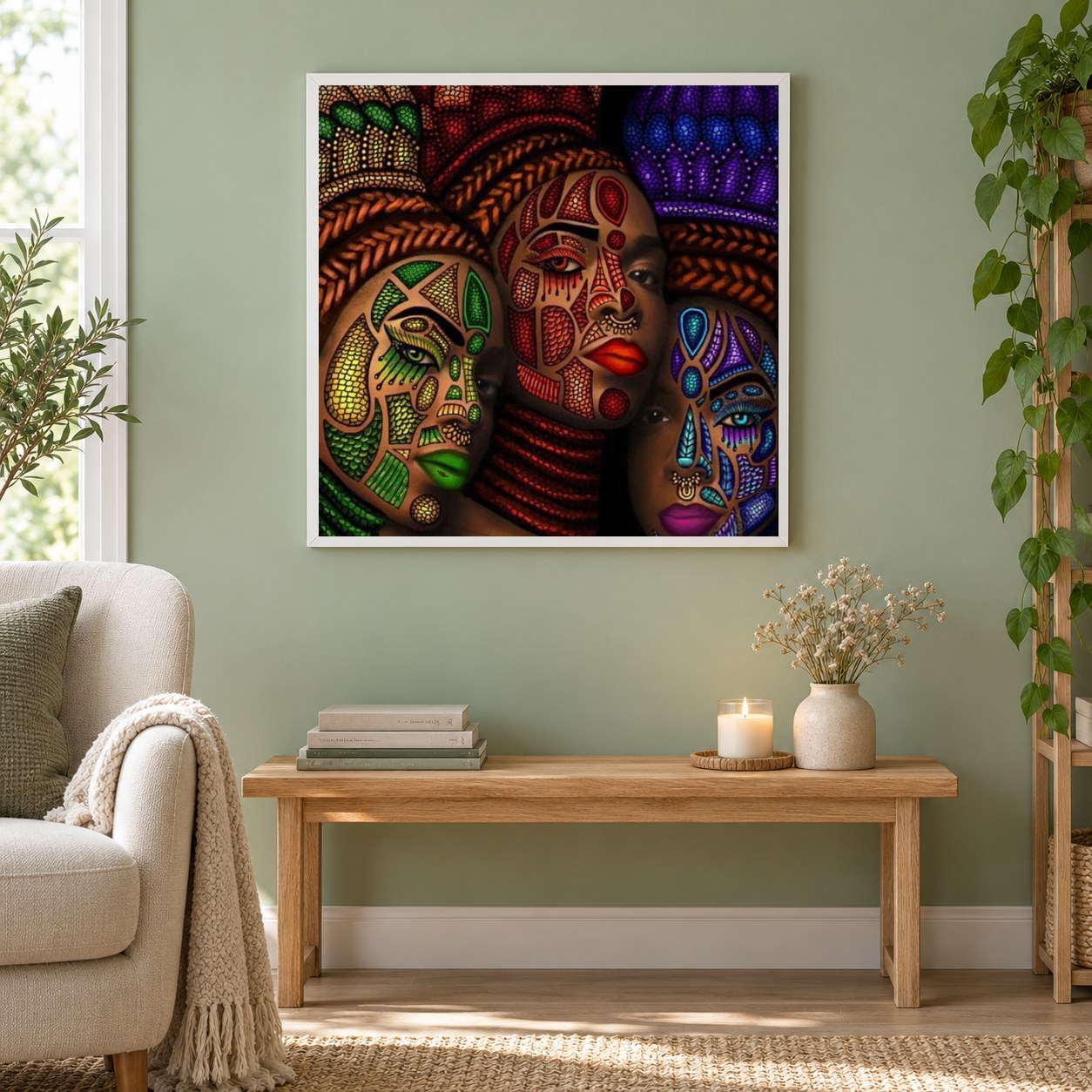 Afrikanischer Stamm Frauen Gesichtsmalerei als gerahmtes Diamond Painting im Wohnzimmer