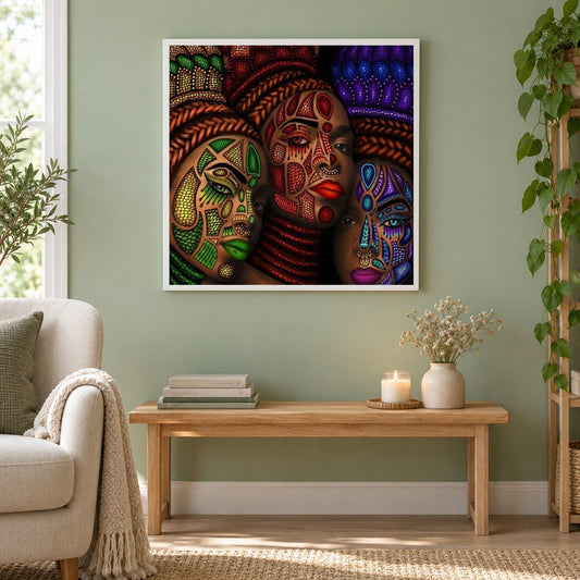 Afrikanischer Stamm Frauen Gesichtsmalerei als gerahmtes Diamond Painting im Wohnzimmer