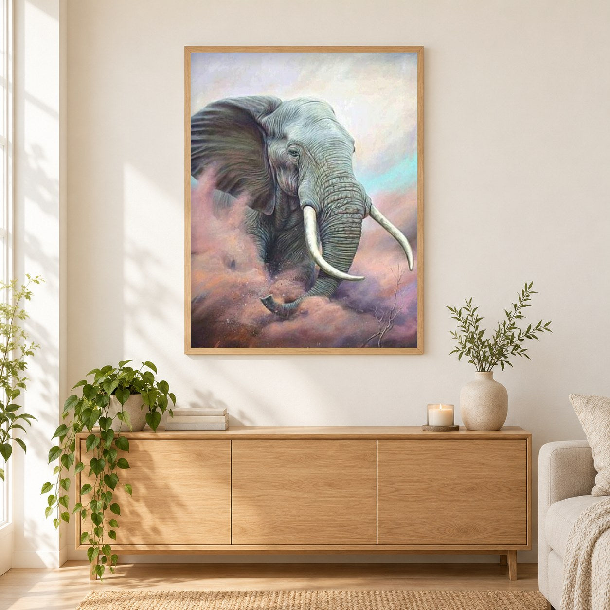 Afrikanischer Stier elephant als gerahmtes Diamond Painting im Wohnzimmer