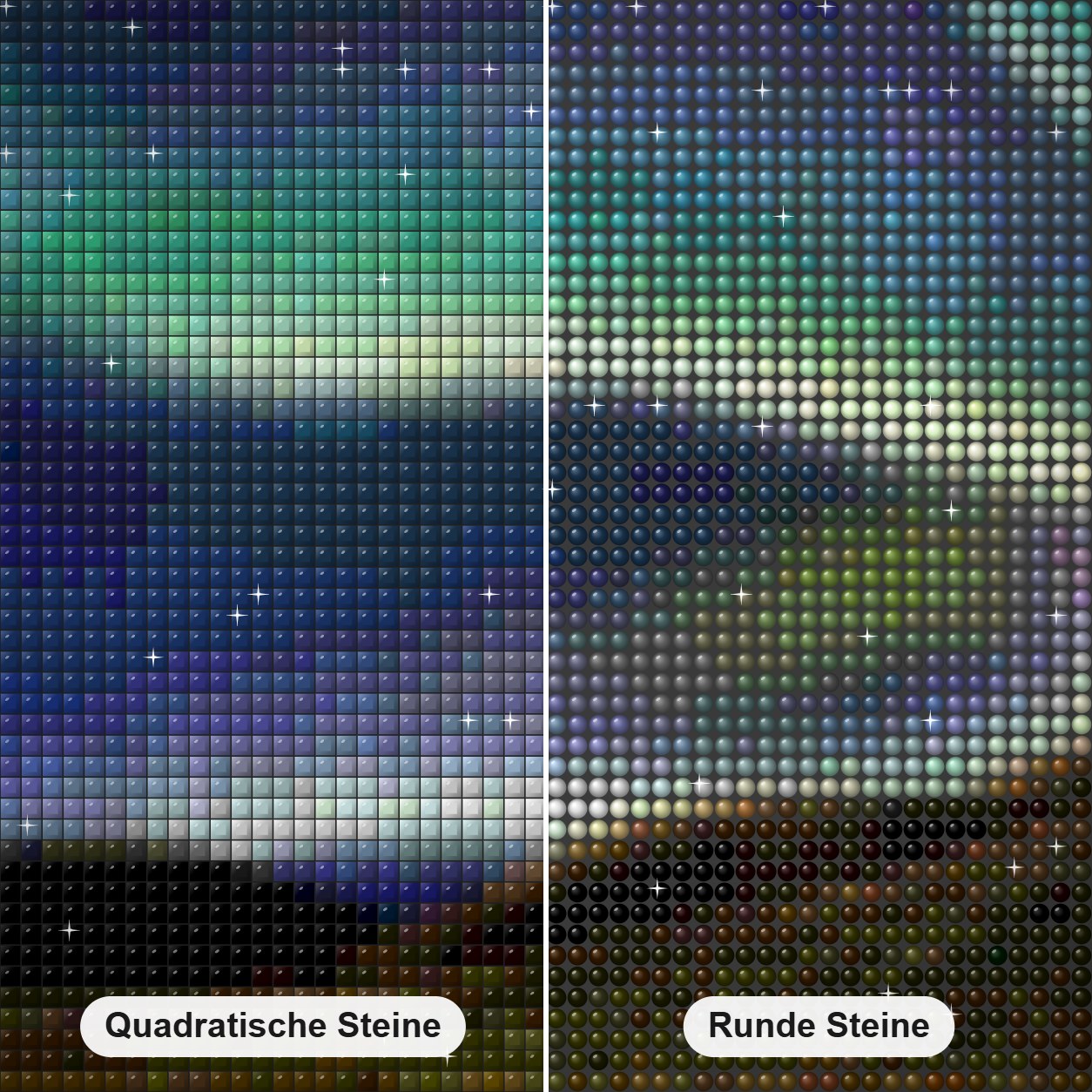 Alaska Nordlichter Diamond Painting Nahaufnahme mit quadratischen und runden Steinen