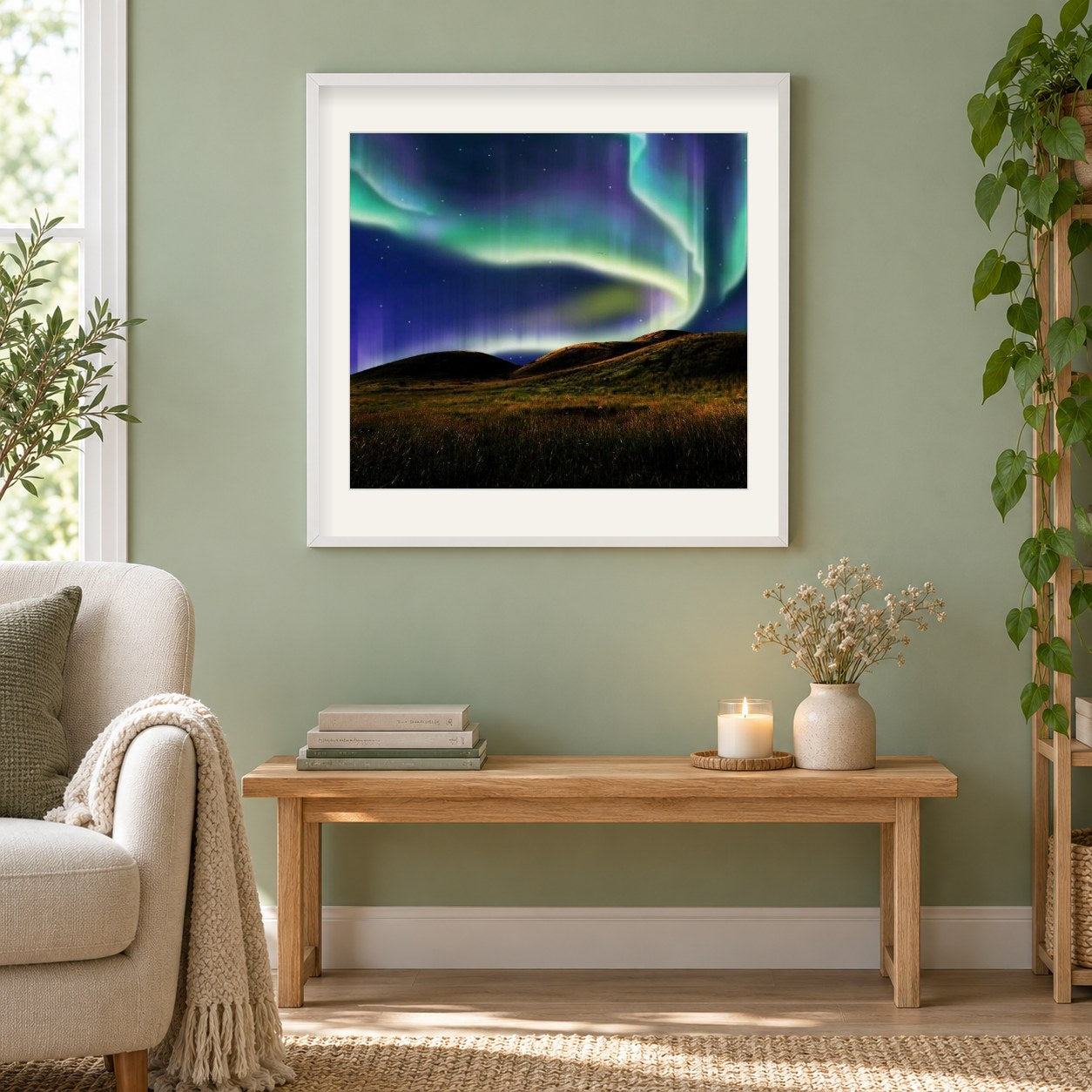 Alaska Nordlichter als gerahmtes Diamond Painting im Wohnzimmer