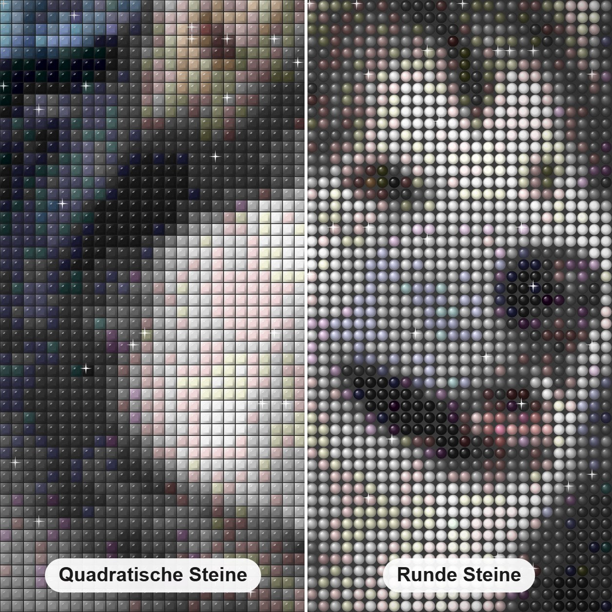 Alaskan Malamute Diamond Painting Nahaufnahme mit quadratischen und runden Steinen