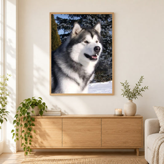 Alaskan Malamute als gerahmtes Diamond Painting im Wohnzimmer